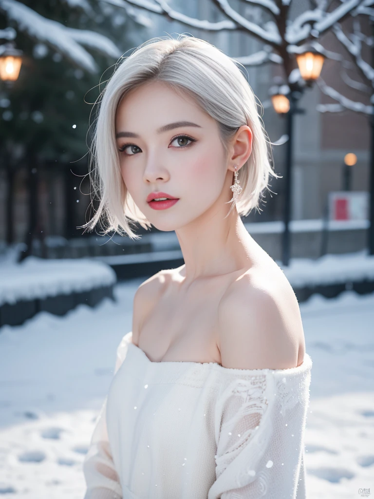 (realistic), (hyperrealism),best quality, masterpiece,ultra high res, (photorealistic:1.4),1girl,pale skin,skinny,(looking at viewer),bare shoulder, (white hair,) snowing outdoor, looking at viewer,
upper body,