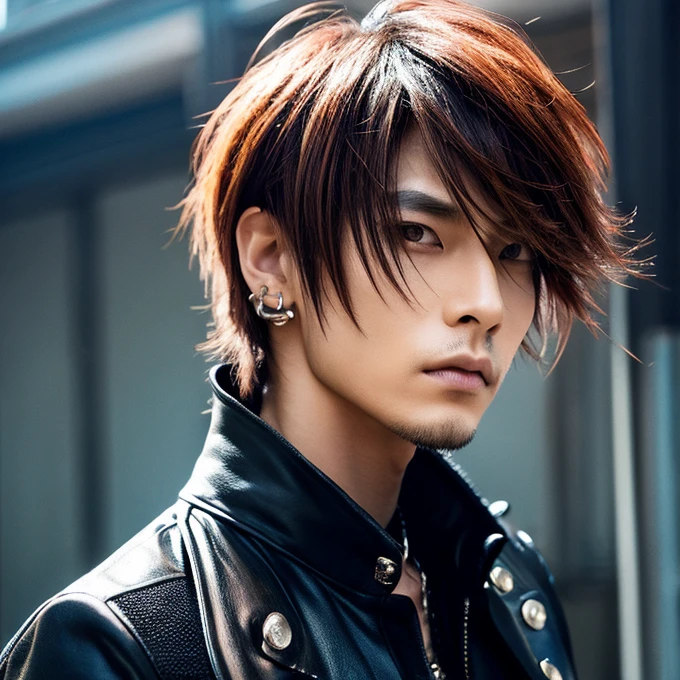 1 man, male, Japanese man, Visual Kai hairstyle, ultra detailed face and body, hyperrealistic, realistic representation, muscular, broad shoulders, tattoos gothic style, piercings, Visual Kei style, hairstyle Visual Kei, blond, long hair, 40 years old, age 40, outfit gothic streampunk, men's shirt and black pants, Asian eyes, eyes Asian, Visual Kei hairstyle 