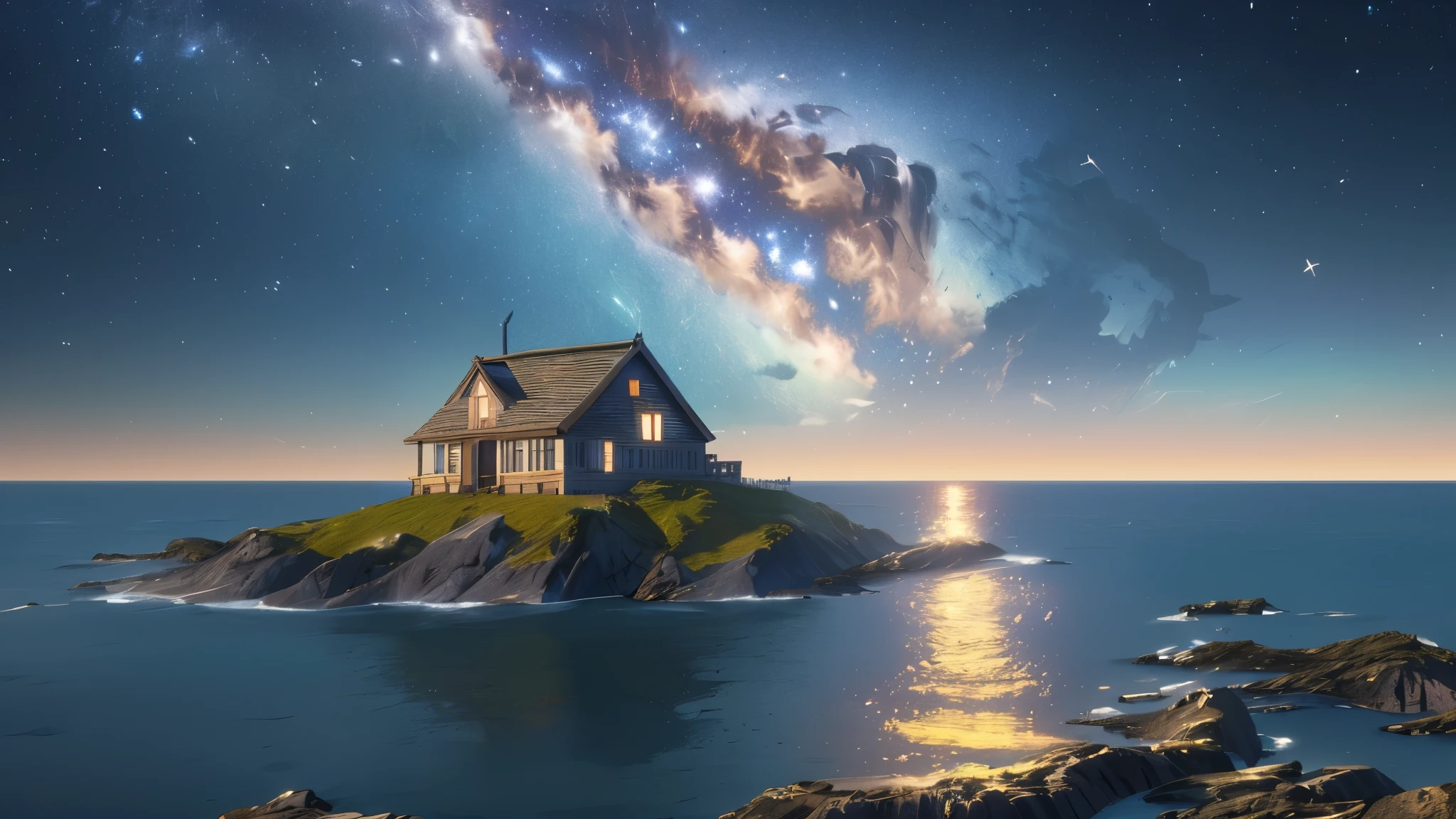  (xtremely detailed CG unity 8k wallpaper), (masterpiece), (best quality), (ultra-detailed), Small Island with A small House surrounded by ocean, starry night