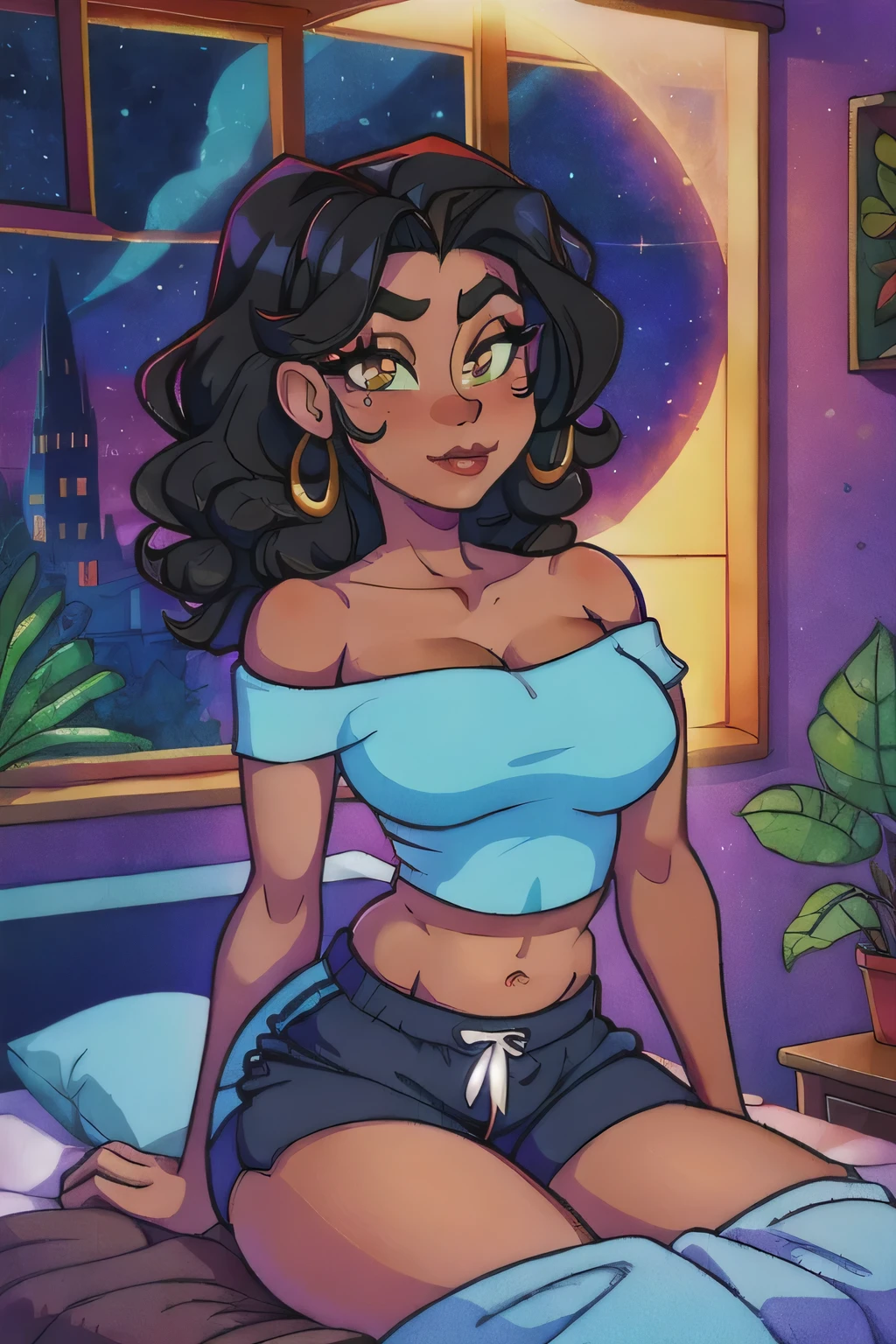 (cartoony style), beautiful woman, curvy body, chubby body, nigga, African ethnicity, dark ebony skin, dark skin, wide hips, thick thighs, round face, on bed, seductive pose, wearing loose off-shoulder crop-top, pajama shorts, long curly black hair, indoors, plants in background, window with night sky, dorm room, intricate details, pubic hair