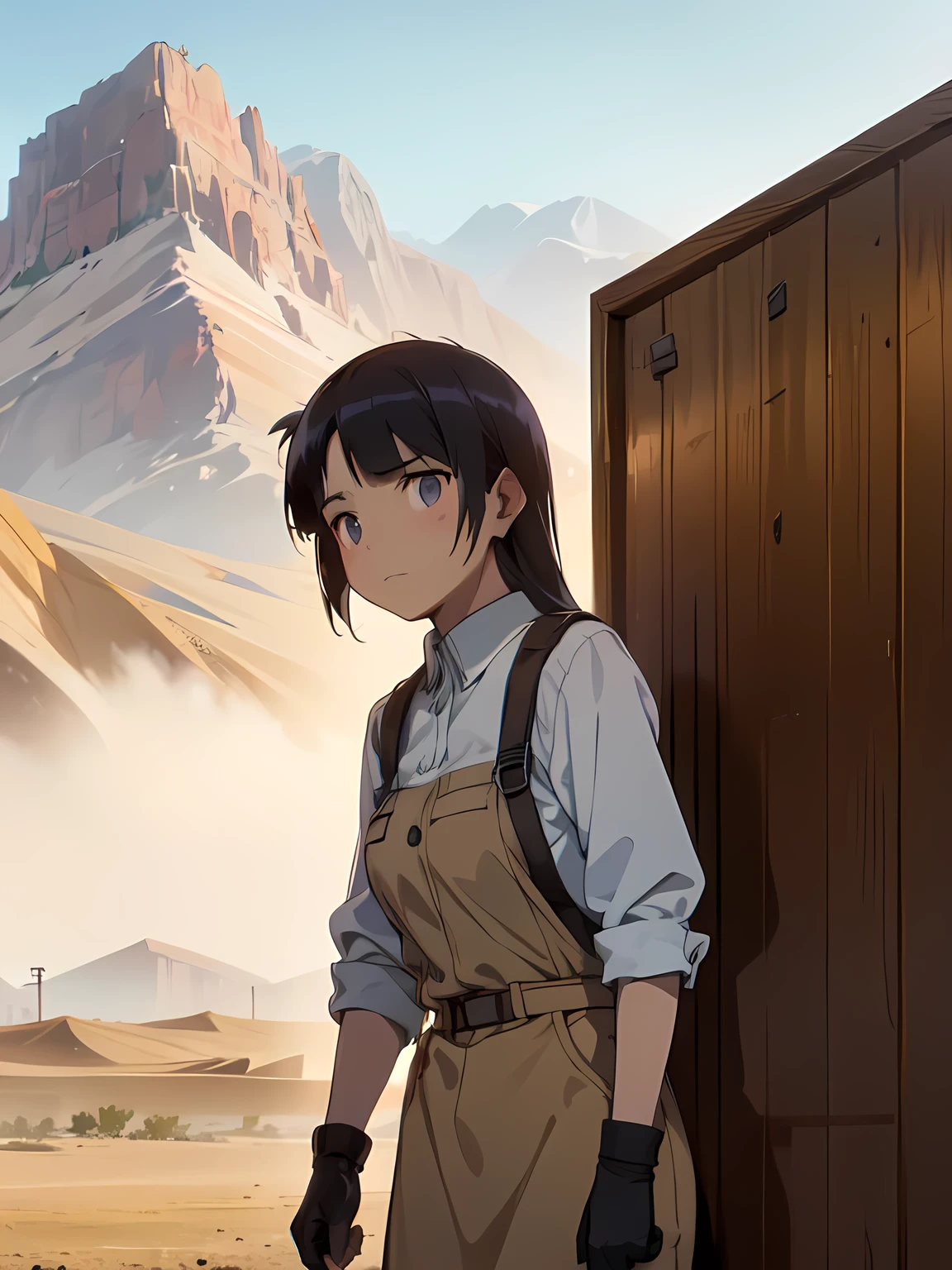 while a dust storm is blowing through the desert、A woman repairing a large machine 。 wearing oil-stained work clothes and goggles 、 in the background is a rough desert and a distant mountain range 。