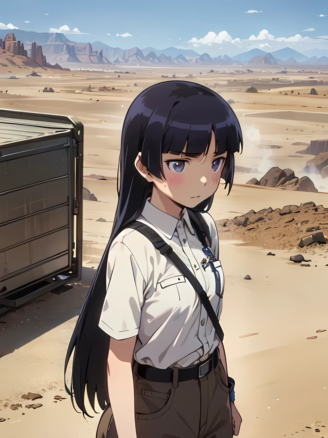 while a dust storm is blowing through the desert、A woman repairing a large machine 。 wearing oil-stained work clothes and goggles 、 in the background is a rough desert and a distant mountain range , ruri gokou, Long Hair, Hime cut, Black Hair, One Girl,