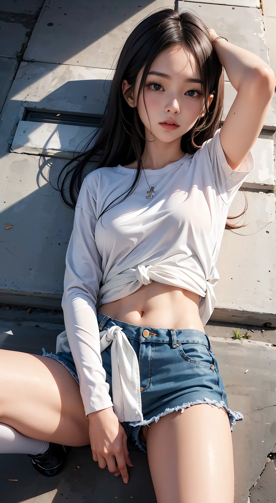 (8k:1.27), best quality, masterpiece, ultra highres:1.2), lesbian delinquent girl with dyed hair andnarm tattoos, tattooed girl, full body picture, dirty old white oversized knotted prisoner t-shirt, dirty big t-shirt, short big sleeves, beige prisoner pants tied with a rope, wearing dirty old goth clothes, long pink hair pulled back and messy bun, kneeling in a prison cell next to a noose, handcuffed, hands tied with rope behind body, submissive neck choker and checkered keffiyeh scarf in neck, 4k or 8k picture, looking at the floor down very sad, very sad face, praying, paisley bandana pirate style headscarf, smelly, barefoot, rope noose hanging from ceiling, tattooed body, noose rope hanging