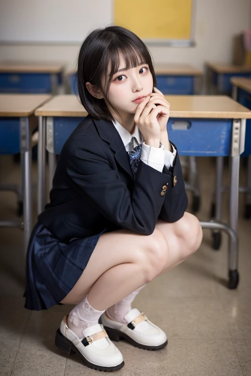 A highly detailed, 8K resolution RAW color photograph of a Japanese schoolgirl with a short bob haircut, black hair color, and a very large, round, and beautiful bust. She has exquisite, detailed facial features including beautiful eyes, nose, and lips, with perfect anatomical accuracy. The girl is wearing a very short checkered school uniform skirt and blazer, with a glittery makeup look and big, natural-colored lips. look at viewer,She is kneeling or squatting slightly, revealing a glimpse of her white cotton panties. The scene takes place in a classroom setting, and the photograph is a masterpiece, ultra-detailed, photorealistic, and of the highest quality( panties around ankles, panties pulled down, one pair of panties around ankles,) Simple without  pastel pink pantie, Focus