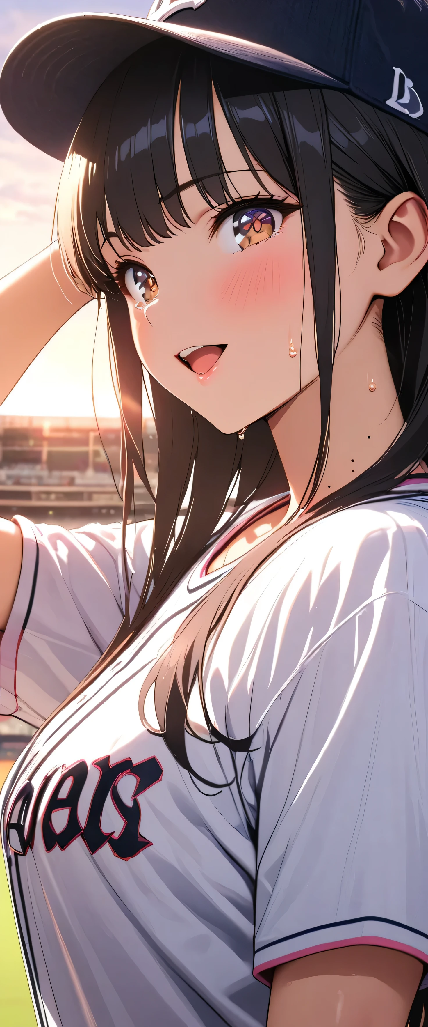 (beautiful girl: 1.3),masterpiece,Please redeem,Ultra-high resolution,Rich contrast,Very high quality,8k,Highly detailed CG unit wallpaper,Texture,So ridiculous,RAW Photos,Please redeem anime,Depth of written boundary 1.2,ultra-detailed eyes,Glowing Skin,Glitter Effect,Beautiful glossy lips,Yamada Anna,dark blue hair,brown eyes,long hair,sidelocks,mole on neck,A mother,clothes writing,Baseball Stadium,Open your mouth really wide,be happy,(sweat),Tears baseball cap,sunset,sunset