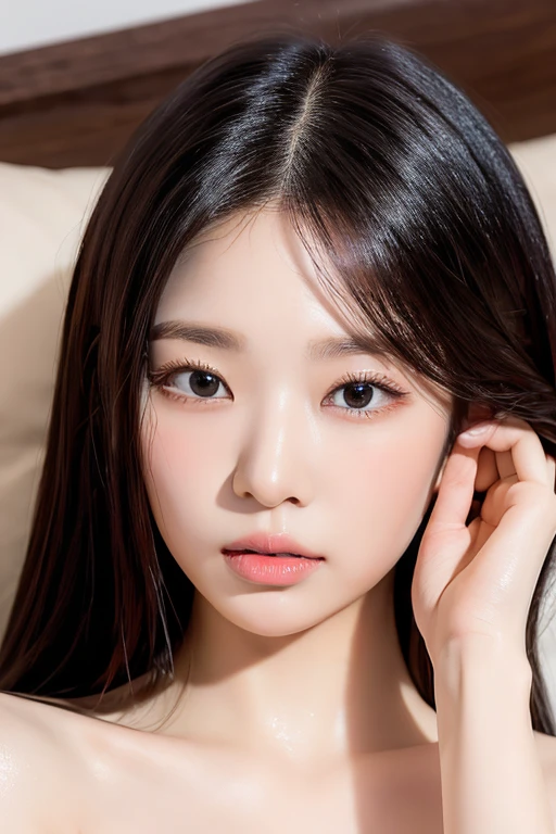 masterpiece, Best Quality, 8k, Ultra-dense skin, Perfect Anatomy,Upper Body, cute,1 girl,Face close-up,Kim Chaewon,Jet black hair, STRAIGHT HAIR,Oily, shiny skin,Smooth Skin,Looking at the audience,Sharp focus,Focus,Lying in bed,nude,Expose,18 years old,A seductive smile,double eyelid,Fine grain,Excited,Sexy pose,erotic,