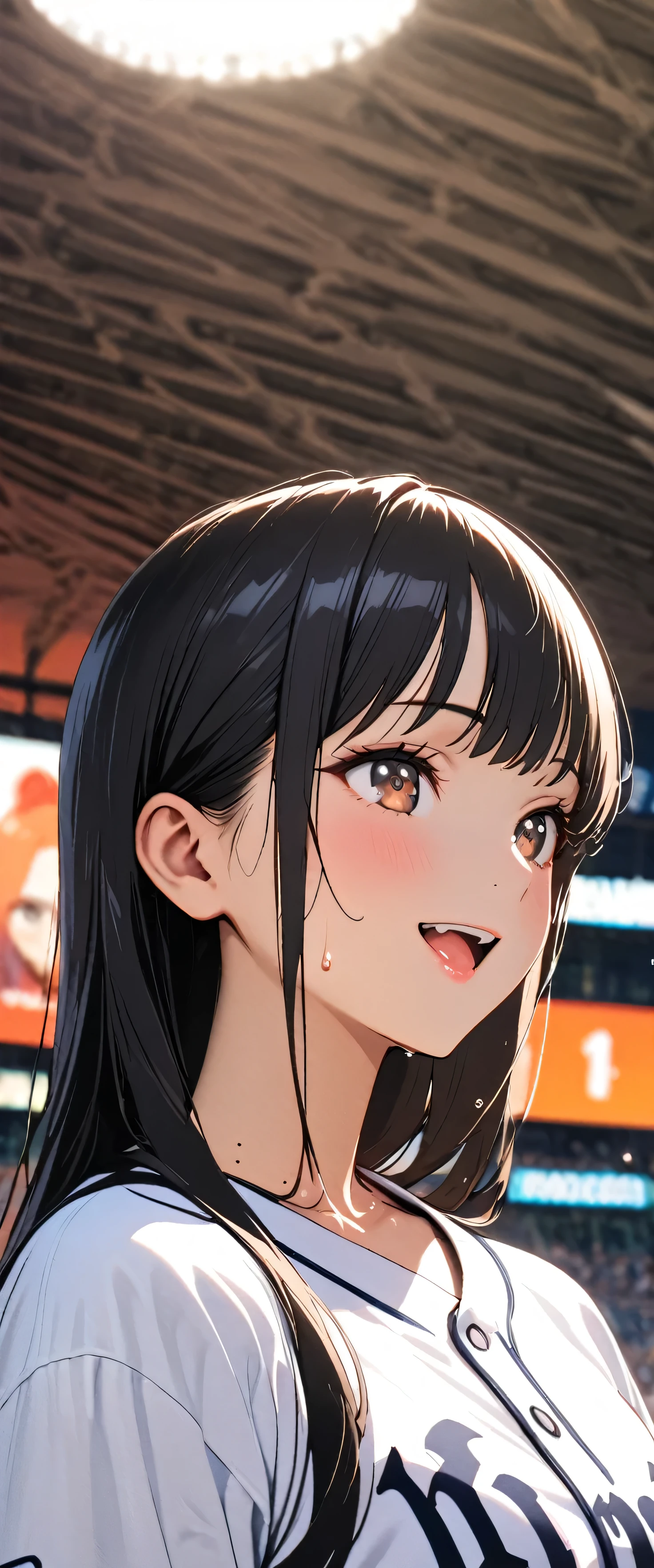 (beautiful girl: 1.3),masterpiece,Please redeem,Ultra-high resolution,Rich contrast,Very high quality,8k,Highly detailed CG unit wallpaper,Texture,So ridiculous,RAW Photos,Please redeem anime,Depth of written boundary 1.2,ultra-detailed eyes,Glowing Skin,Glitter Effect,Beautiful glossy lips,Yamada Anna,dark blue hair,brown eyes,long hair,sidelocks,mole on neck,A mother,clothes writing,Baseball Stadium,(Laugh so much),(sweat),baseball capを空に放り投げる,(From below)