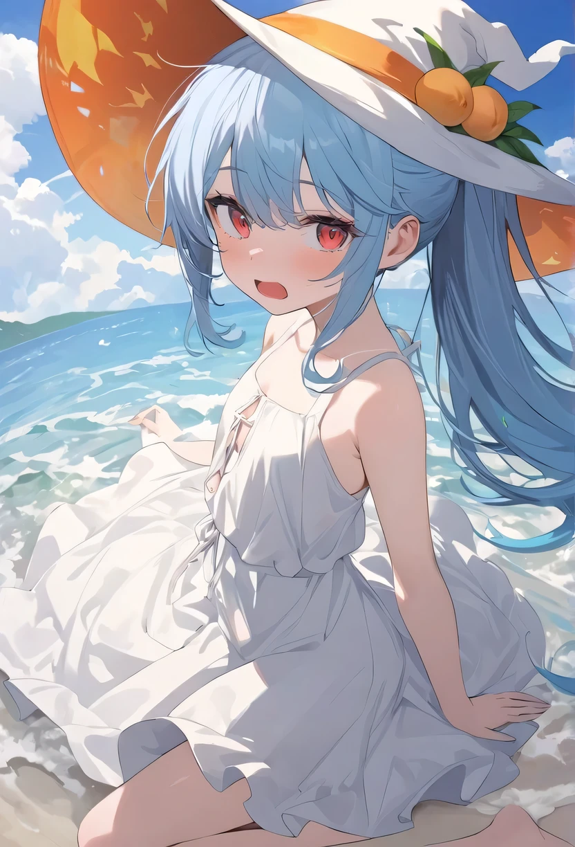 1girl, bangs, beach, blue_hair, blush, closed_eyes, collarbone, cowboy_shot, day, dress, eyebrows_visible_through_hair, hair_between_eyes, long_hair, open_mouth, outdoors, sky, sleeveless, sleeveless_dress, smile, solo, sundress, white_dress