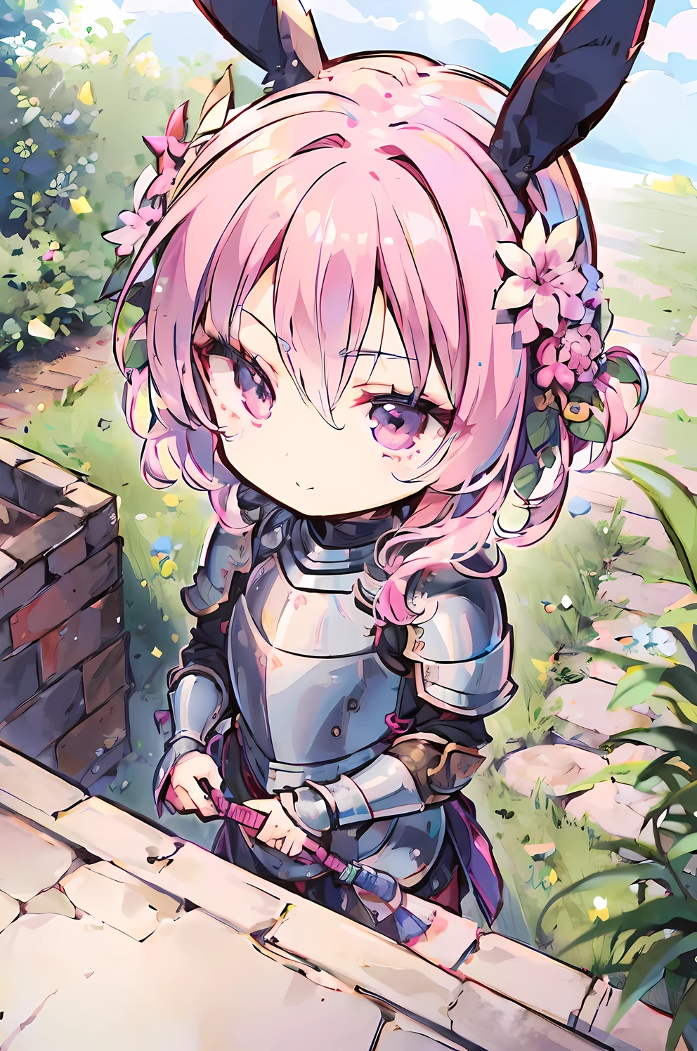 ((masterpiece)), accurate, textured skin, ((super detail)), high quality, high details, highres, best quality, chibi, knight, girl, pink hair, light smile, Smug face:1.2, ((steel armor)), 2 heads, deformed character, rabbit ears, at flower garden