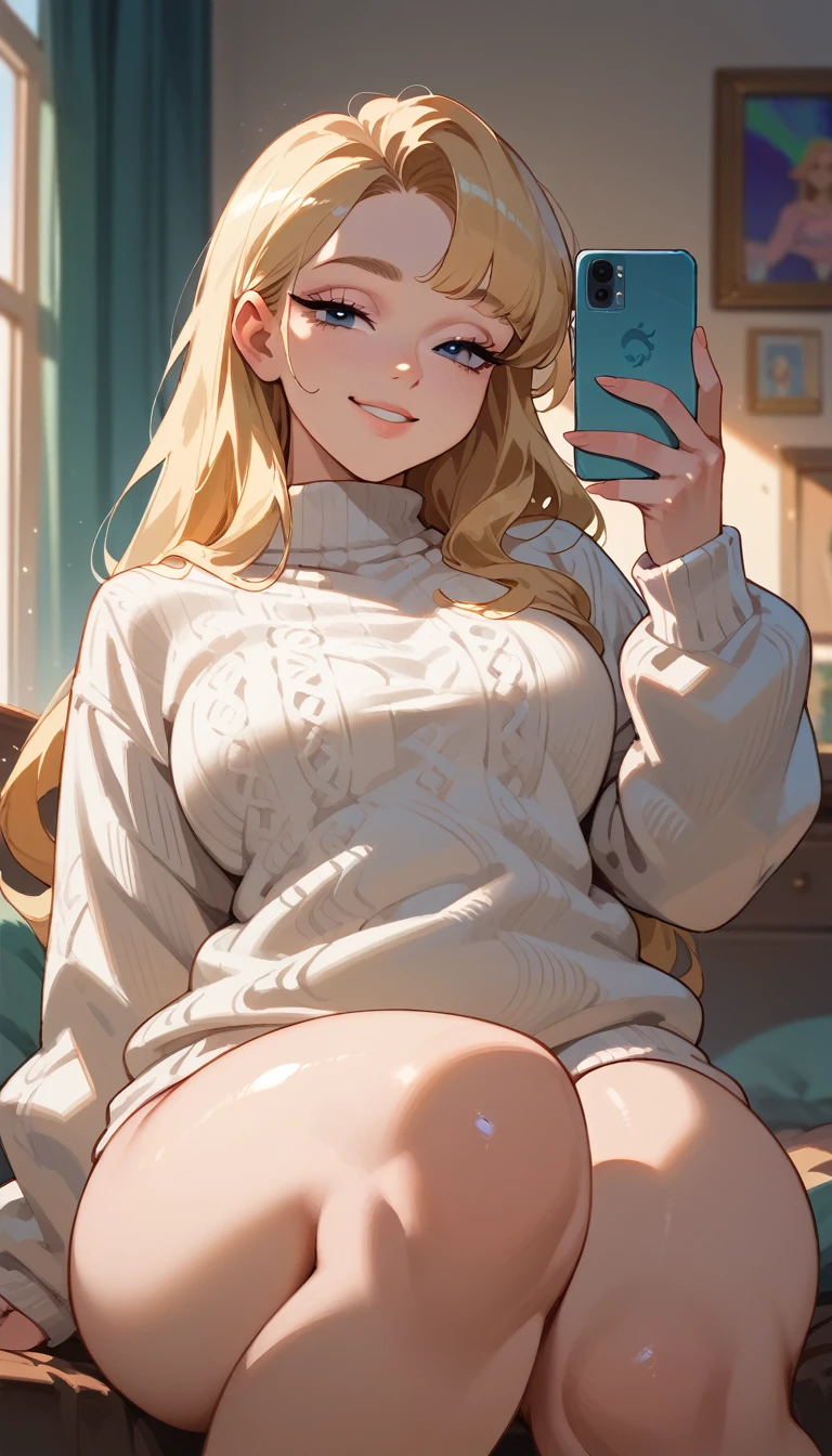 
aurora (Sleeping Beauty), Blonde hair,long hair, blue eyes, (:1.1),Just wearing a white sweater ,exposed legs,thick thighs,Knee high,shiny oily skin,
Selfie,focus only, half-closed eyes, smiling,  low angle portrait, Room