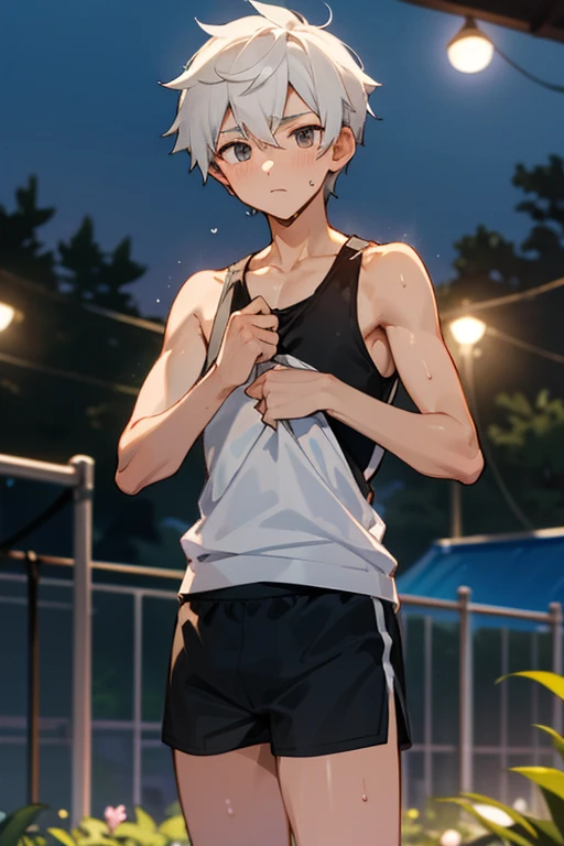 totsuka_almost_yahariorenoseishunlovecomewamachigatteiru grey_hair, short_hair, male_focus, blue_eyes, blush, smile, gym uniform escolar corto, the butt sticks out of the clothes, marked rear, gym uniform, wet white t-shirt, the shirt is transparent