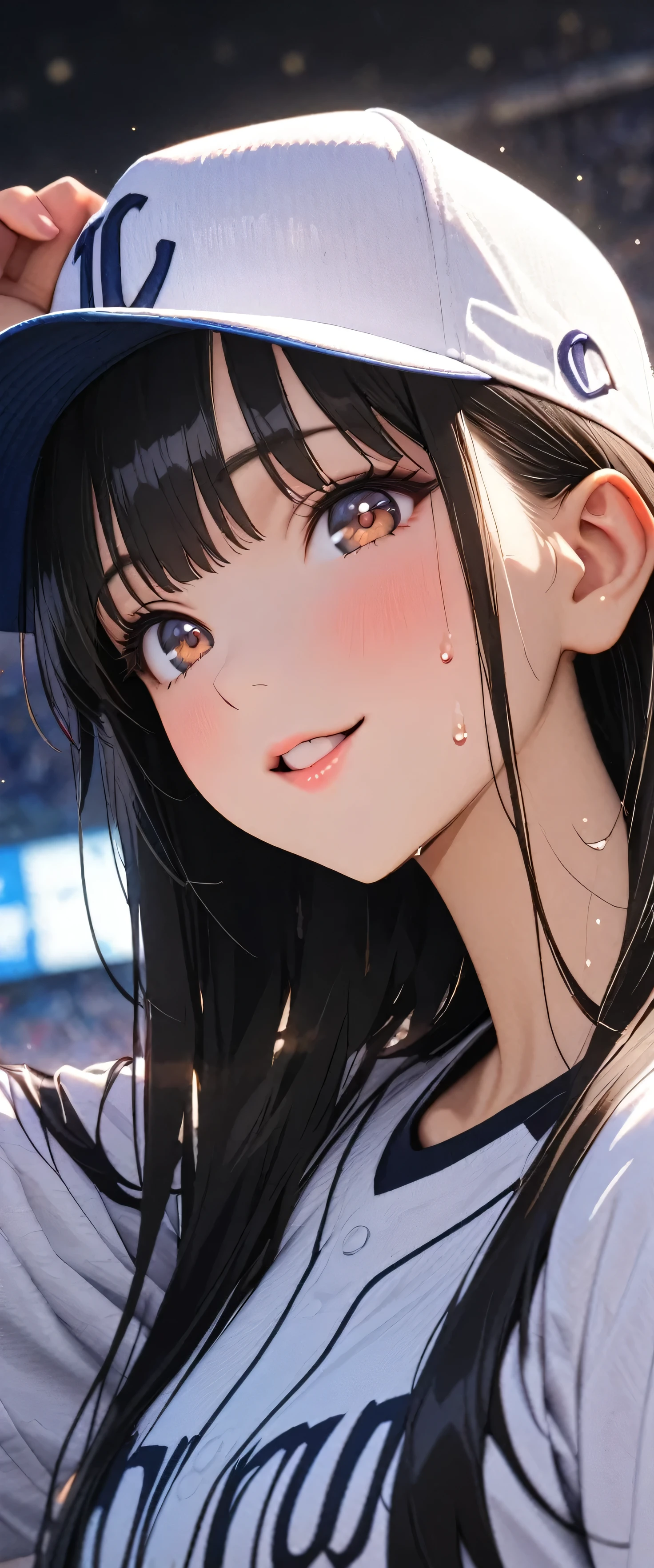 (beautiful girl: 1.3),masterpiece,Please redeem,Ultra-high resolution,Rich contrast,Very high quality,8k,Highly detailed CG unit wallpaper,Texture,So ridiculous,RAW Photos,Please redeem anime,Depth of written boundary 1.2,ultra-detailed eyes,Glowing Skin,Glitter Effect,Beautiful glossy lips,Yamada Anna,dark blue hair,brown eyes,long hair,sidelocks,mole on neck,A mother,clothes writing,Baseball Stadium,(Laugh so much),(sweat),Baseball cap,((They hug fans wearing the same costumes with great joy.)),(profile)