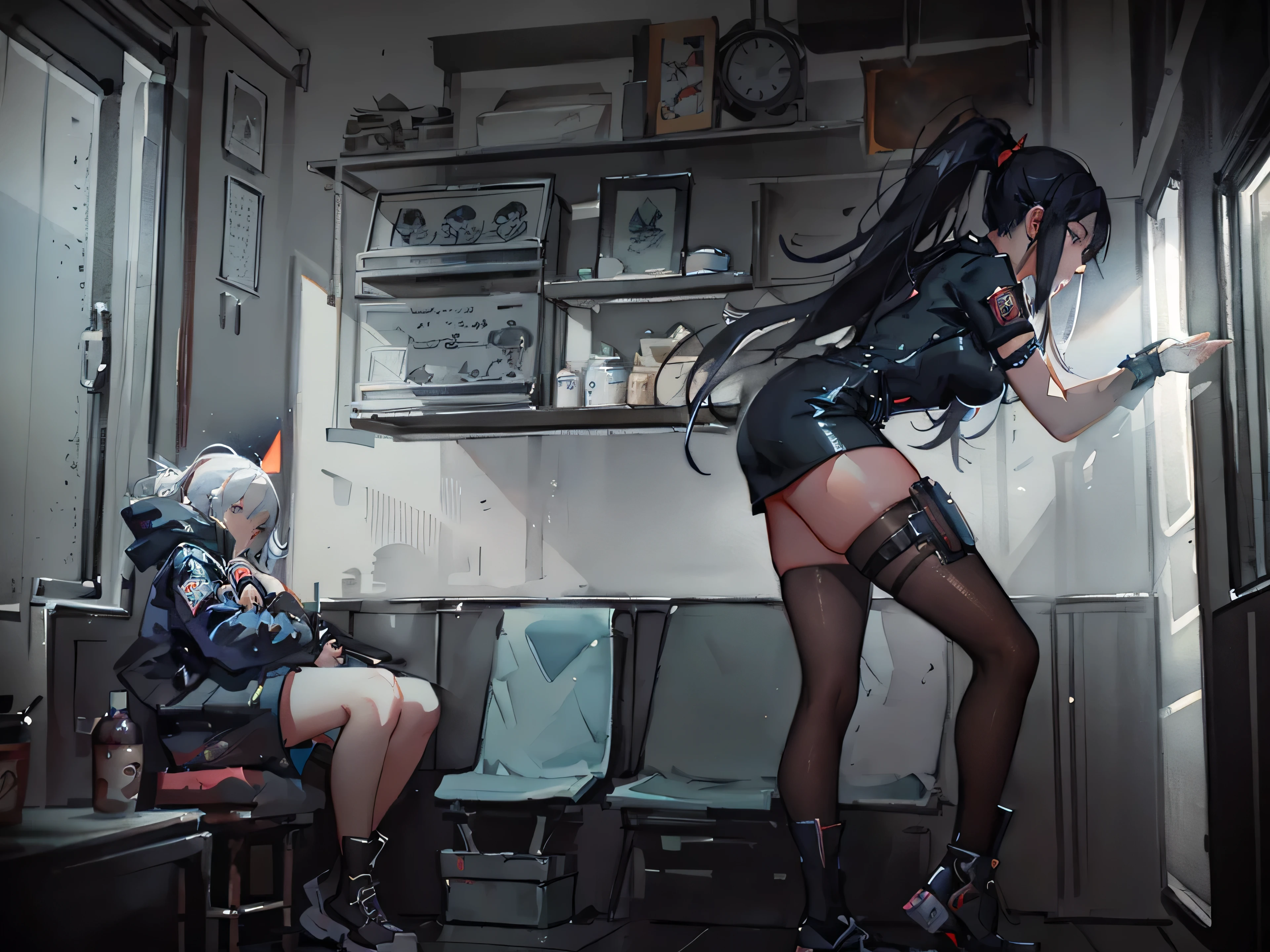 From the bottom up, the girl sitting in the black fishnet socks sitting on the chair has beautiful legs --auto