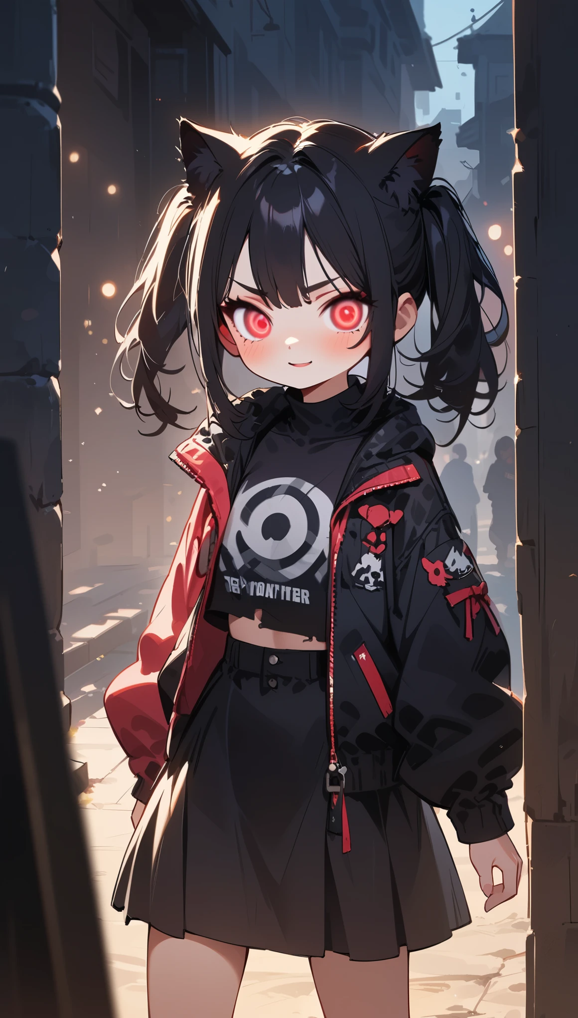 solo,1girl\(cute, kawaii, age of 12,(evil smile:1.2),(black hair:1),(long hair),(twin tails hair),pale skin, skin color blue, red eyes, eyes shining, (big eyes),(breast:1.4),(punk fashion:1.6),(ripped clothes:1.5),(tight tube top),(tight hot pants),(stomach shown:0.8),(abs:0.5),(ripped black short jacket:1.4),(fluffy black cat-ear:1.4),(dynamic pose:1.3), (spiral eye:1.4),(bang)\), BREAK ,background\(outside, noisy city, backstreet, narrow street, neon lights, at night\), BREAK ,quality\(8k,wallpaper of extremely detailed CG unit, high resolution, top-quality, top-quality real texture skin, hyper realistic, increase the resolution, RAW photos, best quality, highly detailed, the wallpaper,golden ratio,high saturation realism, vibrant colors, dramatic lighting, persuasive storytelling, atmospheric scenery, captivating visuals, intricate details, strong emotions,dreamlike world\),(close up:1.0),dynamic angle