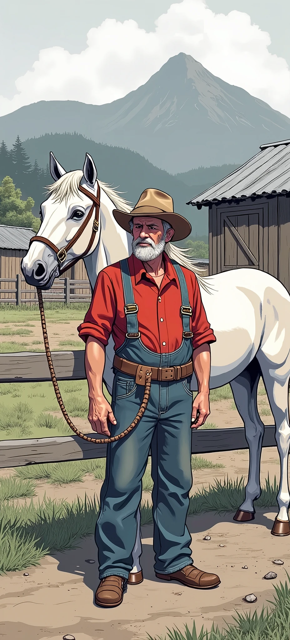 (((((male))))), masterpiece, ultra detailed, 8K Portrait, Raw photo, man's portrait photography, full body, Highly detailed face, ((Fantasy)), old man, 76 years old, 1 man, (((horse trainer))), laugh heartily, ((facial wrinkles)), (((standing))) with hands on hips, (((brown Curtain bangs hair))), (((brown skin color))), long sleeve cotton clothes, riding pants, ((holding a whip)), Midday Sun, Hyper realistic, Long legs, In the medieval stable, next to the horse, Ambient lighting, Shadow details , Camera focus on face, Light fog