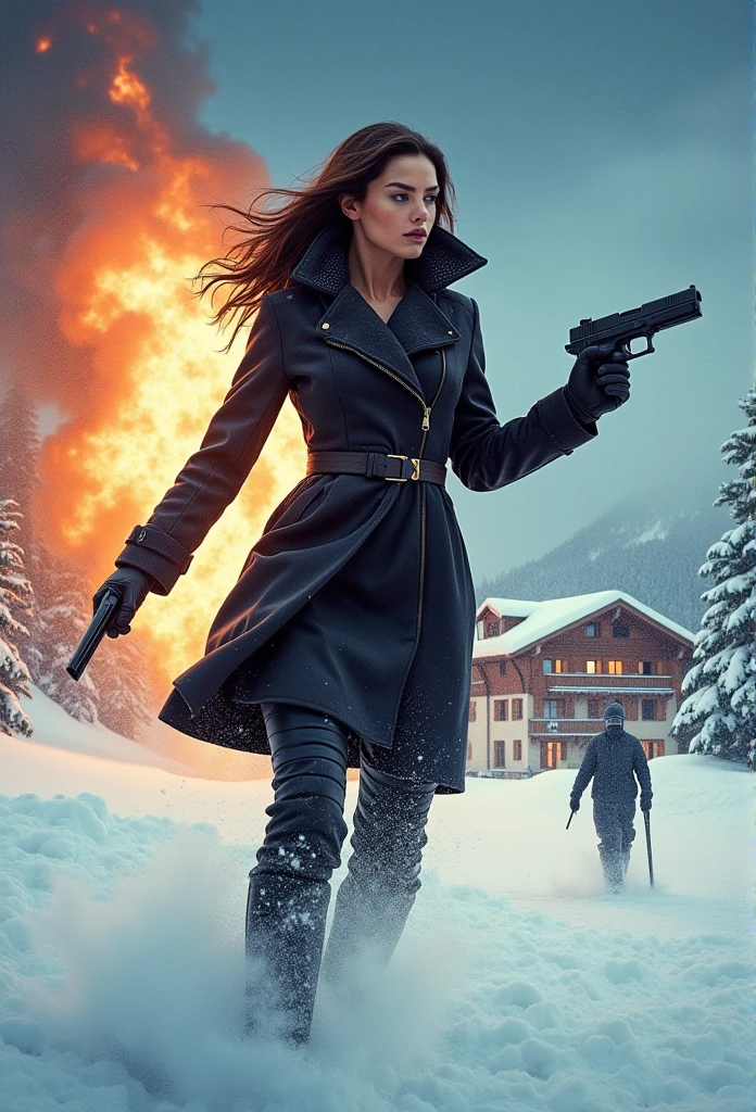 Medium breasted woman, sunglasses, full body, in snow, with big gun, explosions behind, movie poster