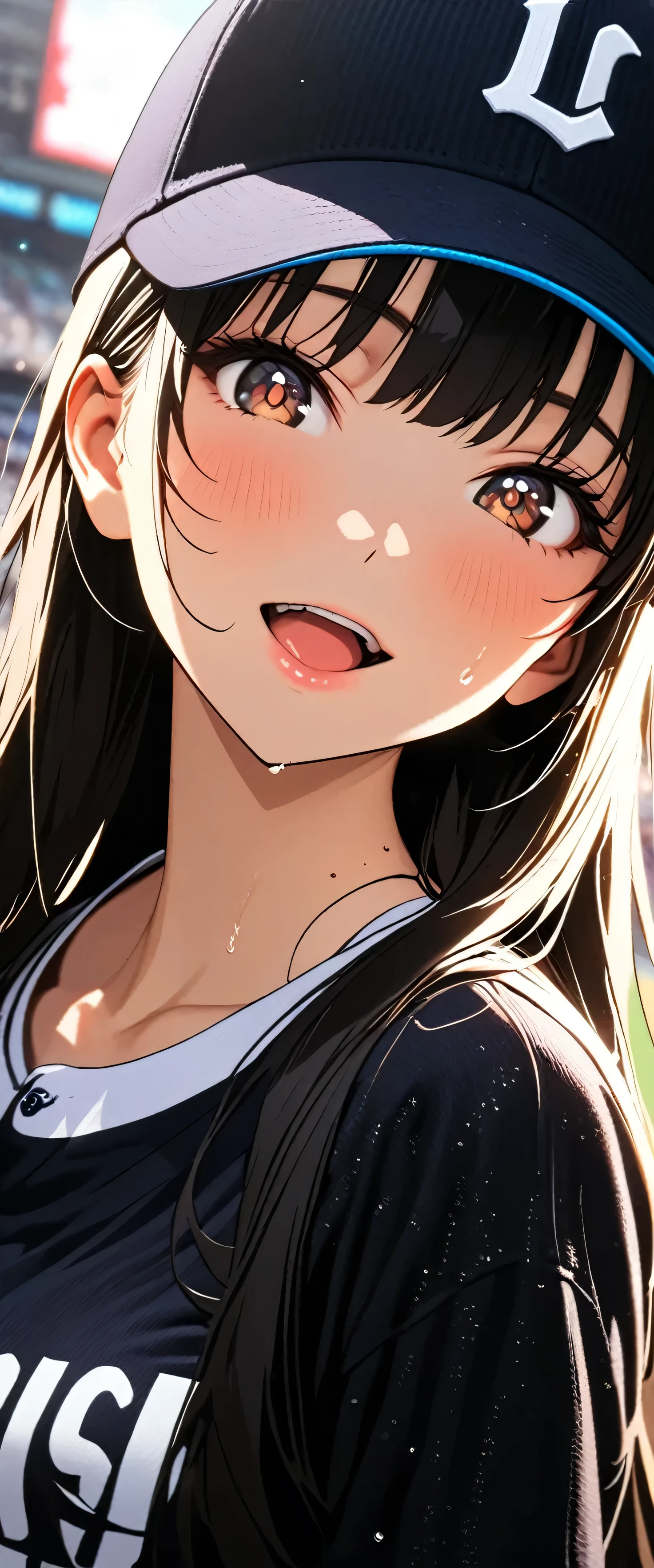 (beautiful girl: 1.3),masterpiece,Please redeem,Ultra-high resolution,rich contrast,Very high quality,8k,Highly detailed CG unit wallpaper,Texture,So ridiculous,RAW Photos,Please redeem anime,Depth of written boundary 1.2,ultra-detailed eyes,Glowing Skin,Glitter Effect,Beautiful glossy lips,Yamada Anna,dark blue hair,brown eyes,long hair,sidelocks,mole on neck,A mother,clothes writing,Baseball Stadium,Open your mouth really wide,support,arms up,(sweat),Baseball cap,(The place where she is cheering is shown on the large monitor of Baseball Stadium)