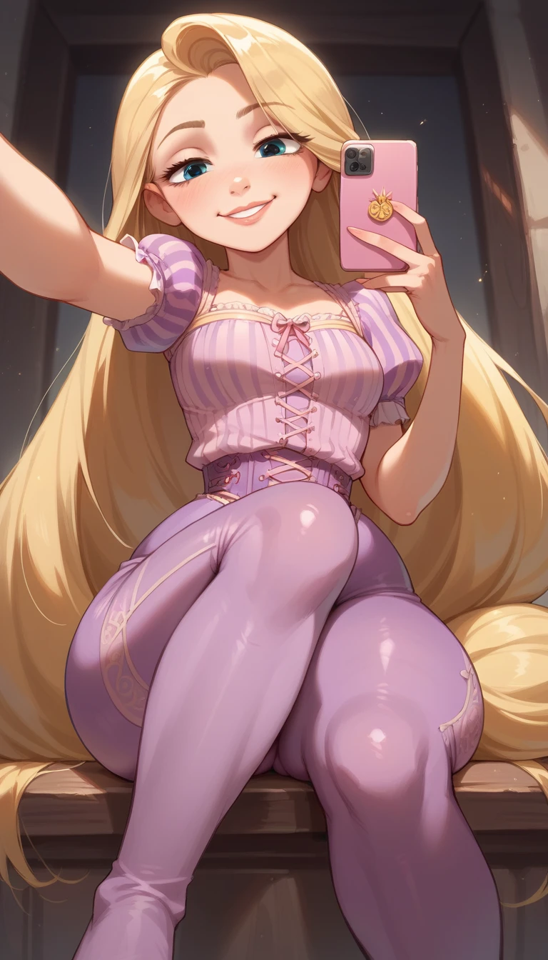 
rapunzel, Blonde hair,long hair, blue eyes (:1.1),Wear only purple tights,exposed legs,thick thighs,Knee high,shiny oily skin,
Selfie,focus only, half-closed eyes, smiling,  low angle portrait ,in the room,