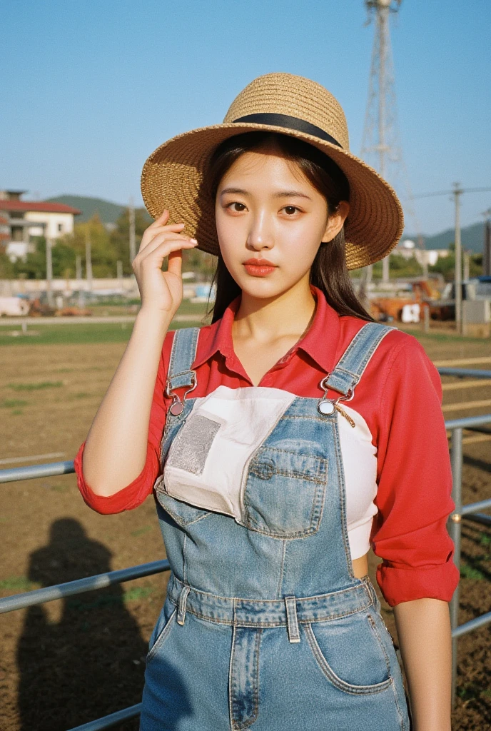 A pretty Korean girl working on a pig farm. She is very young, pretty and beautiful. She takes off her overalls and reveals her nipples. Her breasts are very big but her waist is very thin. She is wearing a farmer's hat and boots. Nude film photos.