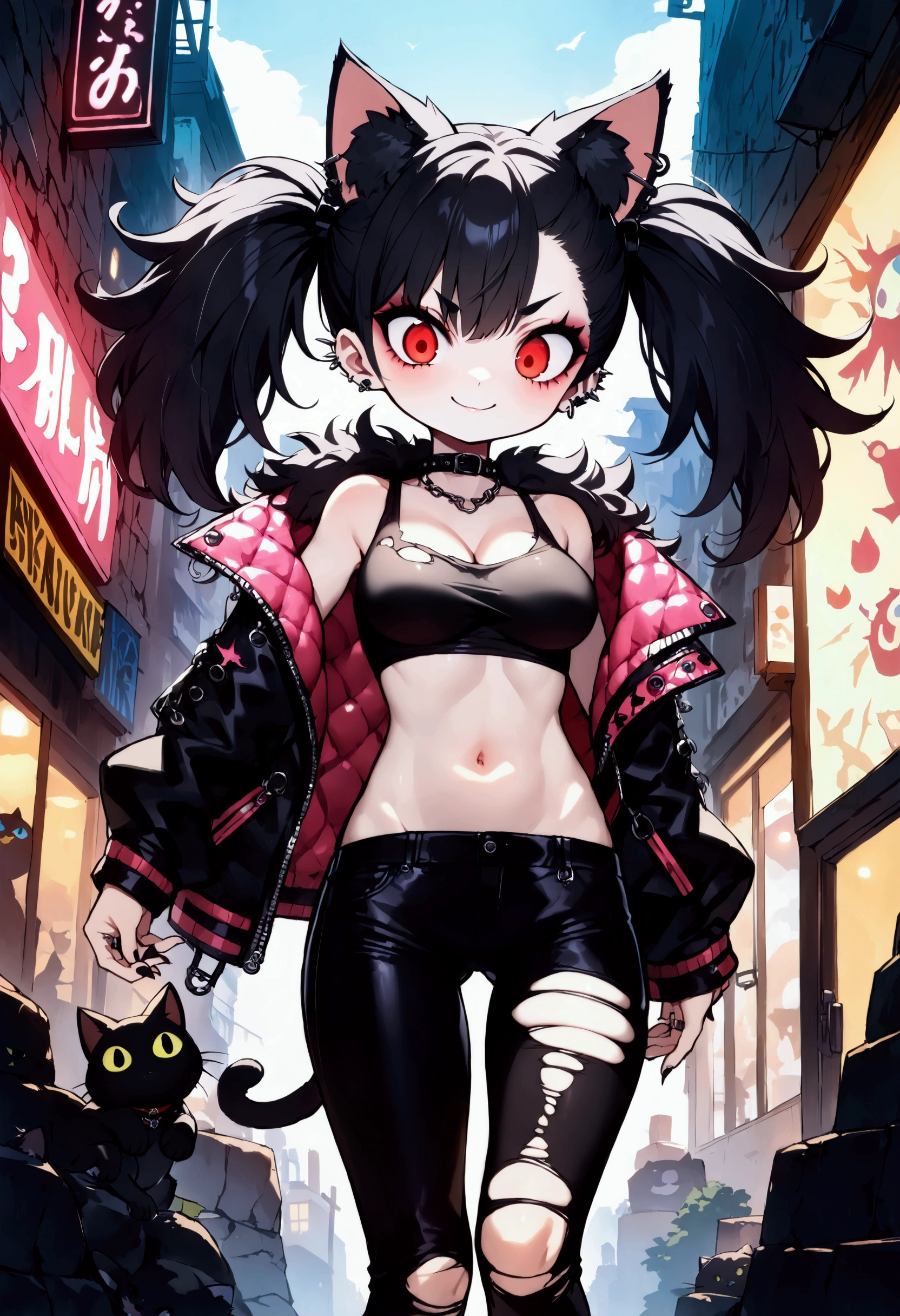 solo,1girl\(cute, kawaii, age of 12,(evil smile:1.2),(black hair:1),(long hair),(twin tails hair),pale skin, skin color blue, red eyes, eyes shining, (big eyes),(breast:1.4),(punk fashion:1.6),(ripped clothes:1.5),(tight tube top),(tight hot pants),(stomach shown:0.8),(abs:0.8),(ripped black short jacket:1.4),(fluffy black cat-ear:1.4),(dynamic pose:1.3), (spiral eye:1.4)\)),(bang:1.2)\), BREAK ,background\(outside, noisy city, backstreet, narrow street, neon lights, at night\), BREAK ,quality\(8k,wallpaper of extremely detailed CG unit, high resolution, top-quality, top-quality real texture skin, hyper realistic, increase the resolution, RAW photos, best quality, highly detailed, the wallpaper,golden ratio,high saturation realism, vibrant colors, dramatic lighting, persuasive storytelling, atmospheric scenery, captivating visuals, intricate details, strong emotions,dreamlike world\),(close up:1.0),dynamic angle