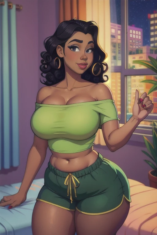 (cartoony style), beautiful woman, College student, curvy, chubby body, Race: Black, pitch black skin, wide hips, thick thighs, chubby waist, round face, on bed, sexy pose, wearing loose off-shoulder crop-top, pajama shorts, long curly black hair, indoors, plants in background, nighttime, closed window with curtains, dorm room, intricate details, 