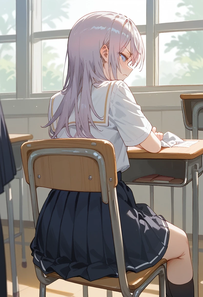 alisa mikhailovna kujou, sitting chair,classroom, 1girl,school outfit,pulling up clothes by other hand, from behind