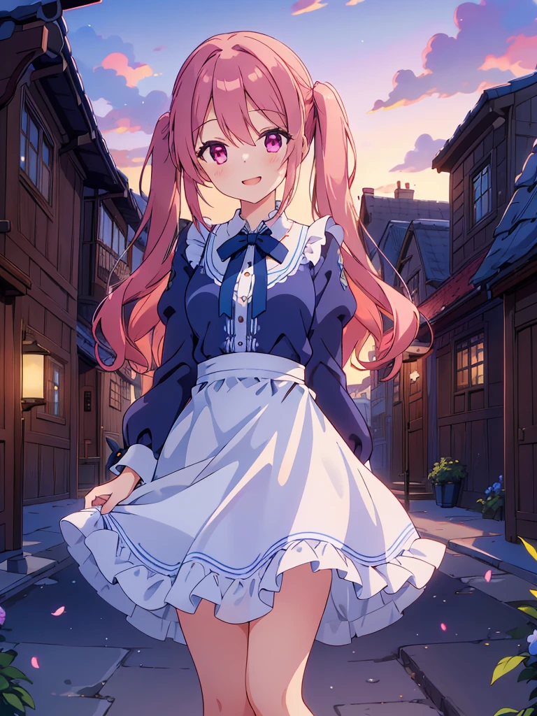 ((8k, Highest quality, masterpiece: 1.3)),Ultra-high resolution,(1 girl, alone), Highly detailed dark purple eyes, Highly detailed face, sunset

The scene depicts a cheerful anime-style girl standing in a lively, fantasy town square. A graceful anime-style girl with wavy, pink twintails, styled elegantly with hair clips. She is dressed in a refined outfit, combining a navy-blue dress layered over a white blouse. The dress features a cinched waist with gold button details, giving her a sophisticated yet charming look. The hemline of the dress is decorated with subtle triangular patterns, and a delicate white apron-like layer drapes over one side. She wears black stockings that seamlessly complement her high-heeled, deep-blue shoes, which are adorned with subtle strap details. Her posture is elegant, with one hand touching her chin thoughtfully and the other arm relaxed by her side, adding a touch of mystery. Her red eyes give off a calm, confident demeanor, and her expression conveys quiet intelligence.

((The girl is winking playfully, conveying a sense of joy and friendliness.)) In the background, whimsical medieval-inspired buildings with curved rooftops and timber framing line the streets, while a majestic blue-topped castle rises above the townscape, suggesting a fantasy kingdom setting. The bright, sunset sky and the abundance of greenery around the town add to the warm and welcoming atmosphere. The overall composition gives a sense of lighthearted adventure, with the character appearing as both approachable and ready for exciting experiences in a magical world.