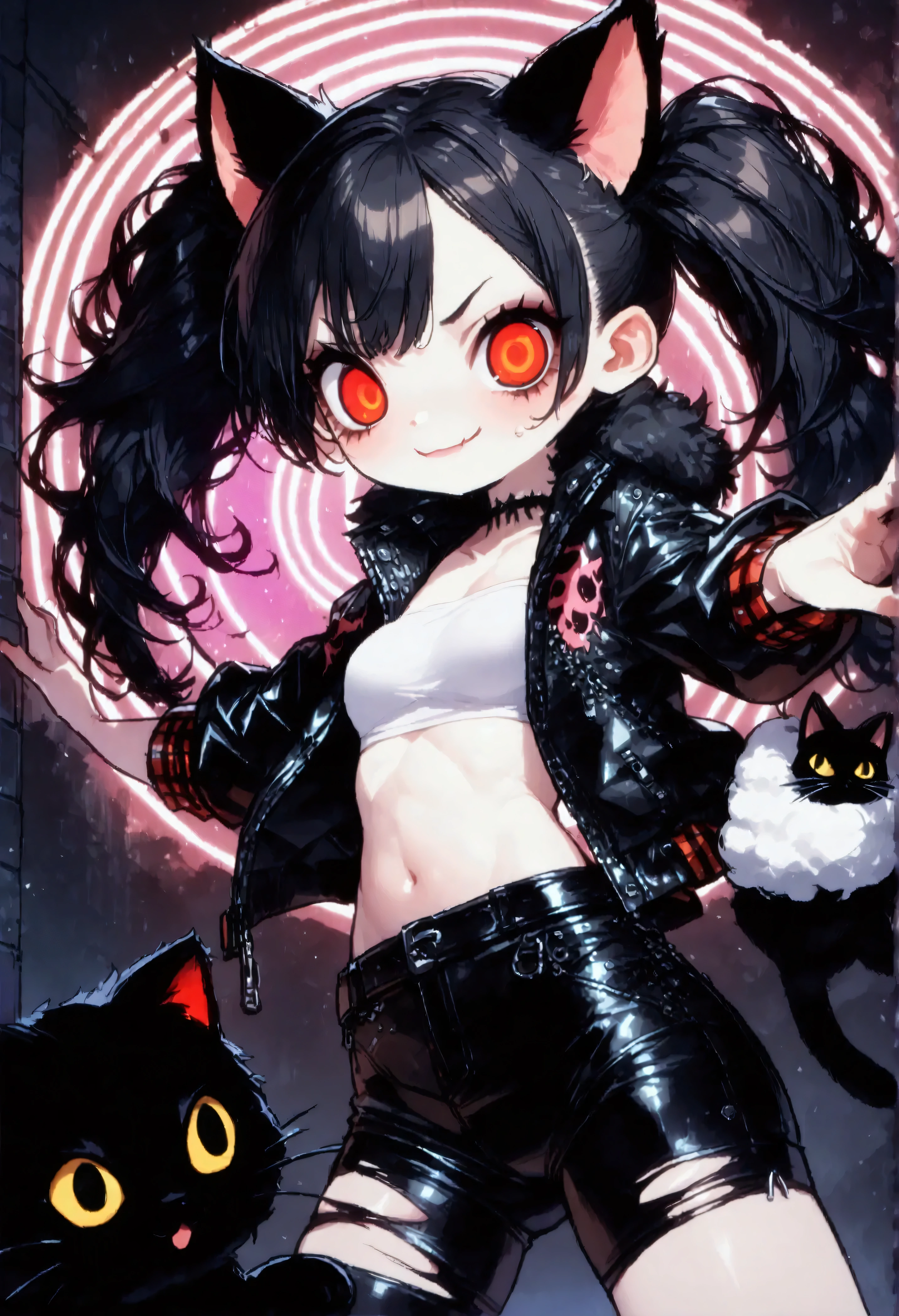 solo,1girl\(cute, kawaii, age of 12,(evil smile:1.2),(black hair:1),(long hair),(twin tails hair),pale skin, skin color blue, red eyes, eyes shining, (big eyes),(breast:1.4),(punk fashion:1.6),(ripped clothes:1.5),(tight tube top),(tight hot pants),(stomach shown:0.8),(abs:0.8),(ripped black short jacket:1.4),(fluffy black cat-ear:1.4),(dynamic pose:1.3), (spiral eye:1.4)\)),(bang:1.2)\), BREAK ,background\(outside, noisy city, backstreet, narrow street, neon lights, at night\), BREAK ,quality\(8k,wallpaper of extremely detailed CG unit, high resolution, top-quality, top-quality real texture skin, hyper realistic, increase the resolution, RAW photos, best quality, highly detailed, the wallpaper,golden ratio,high saturation realism, vibrant colors, dramatic lighting, persuasive storytelling, atmospheric scenery, captivating visuals, intricate details, strong emotions,dreamlike world\),(close up:1.0),dynamic angle