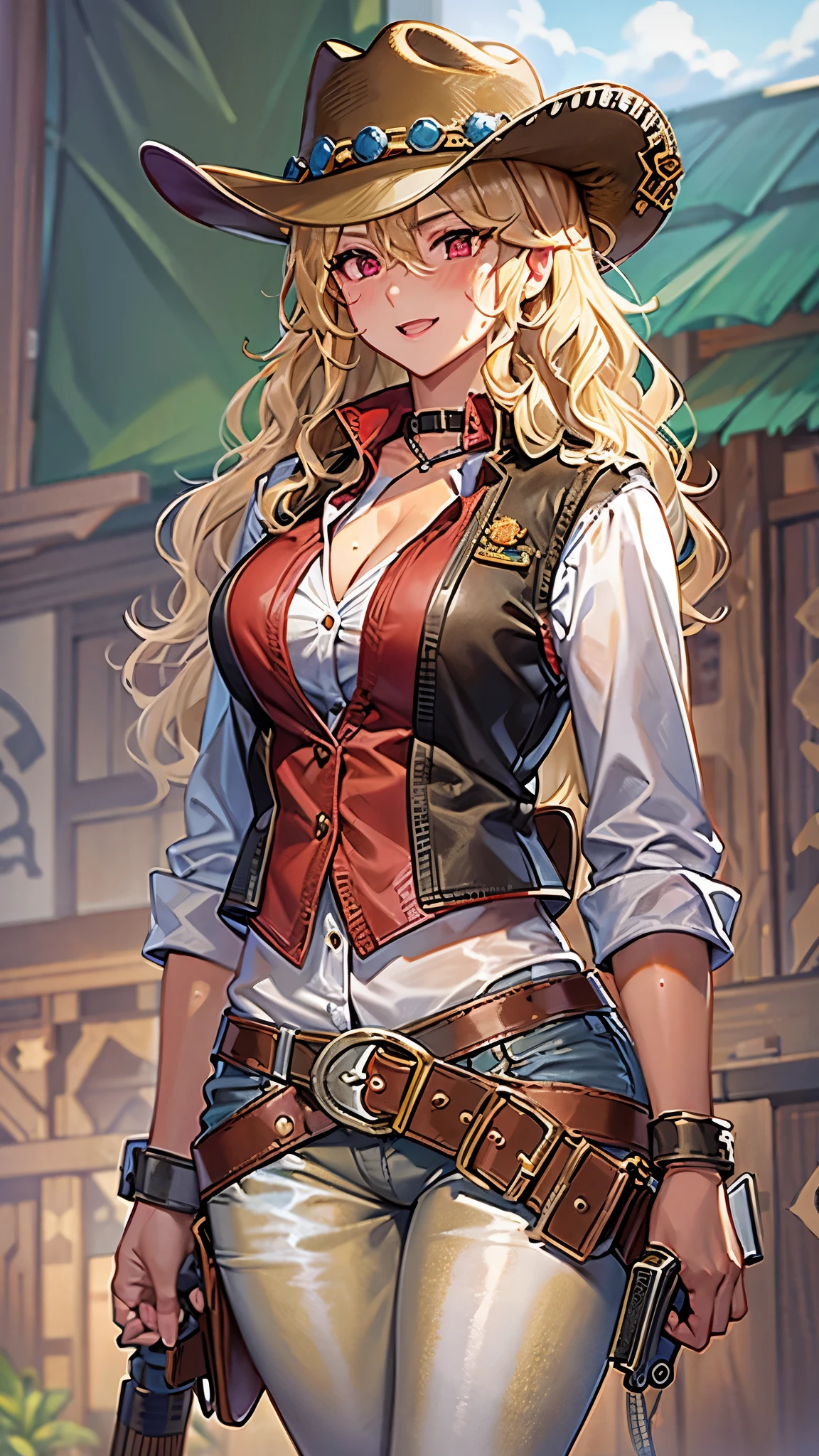 1girl,cowboy shot, beautiful Delta, earrings, blonde hair, looking at viewer, smile, shirt, pants, belt, dynamic pose,choker, black jacket, city, smile, outdoors, volumetric lighting, best quality, masterpiece, intricate details, tonemapping, sharp focus, hyper detailed, trending on Artstation,