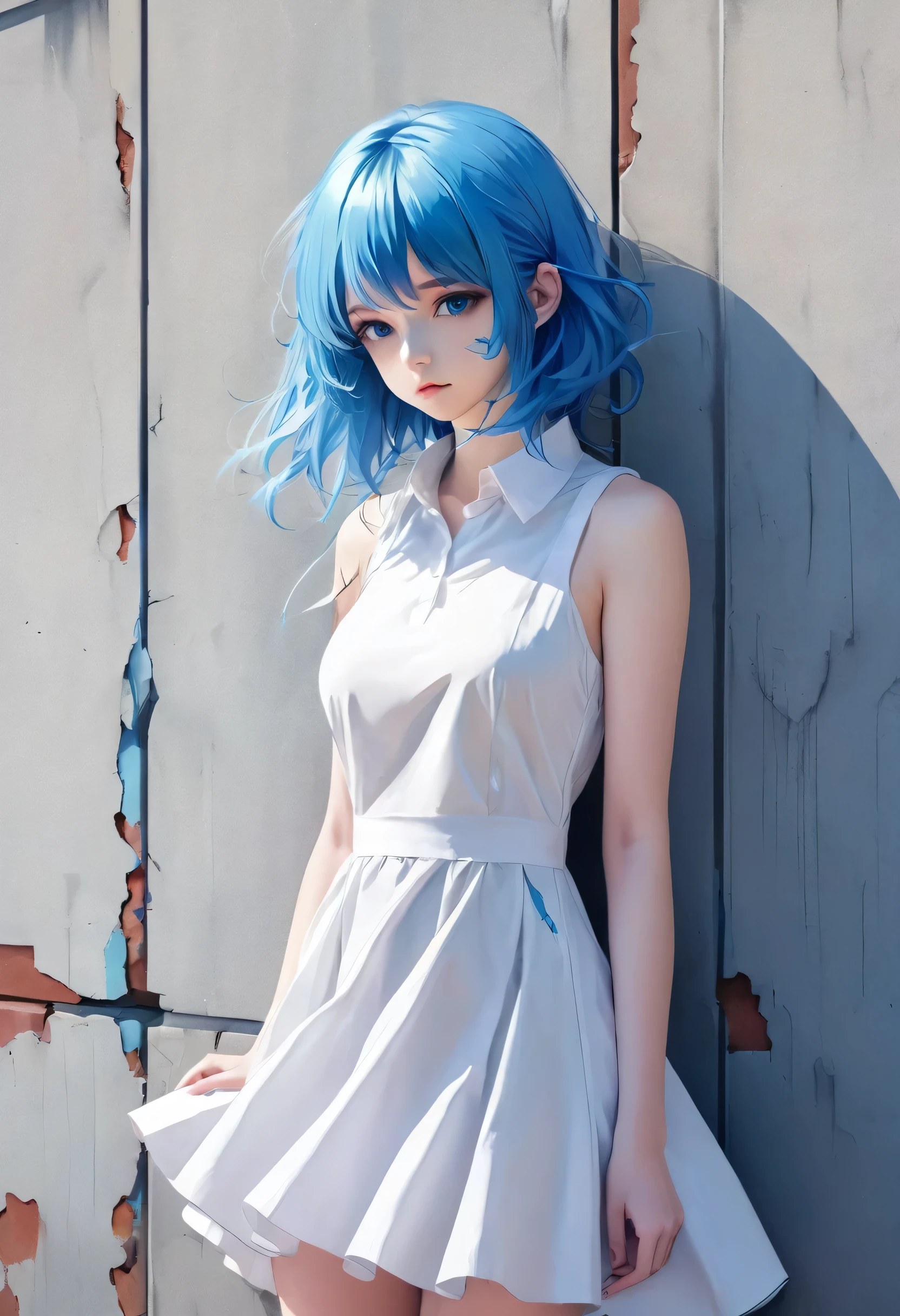 anime girl with blue hair and a white dress in front of a wall, an anime drawing inspired by Rei Kamoi, pixiv, auto-destructive art, 2 d anime, tsuaii, anime moe artstyle, gapmoe yandere, blue period, 2 d anime style, girl with blue hair, anime girl named lucy, yuyushiki, rei hiroe
