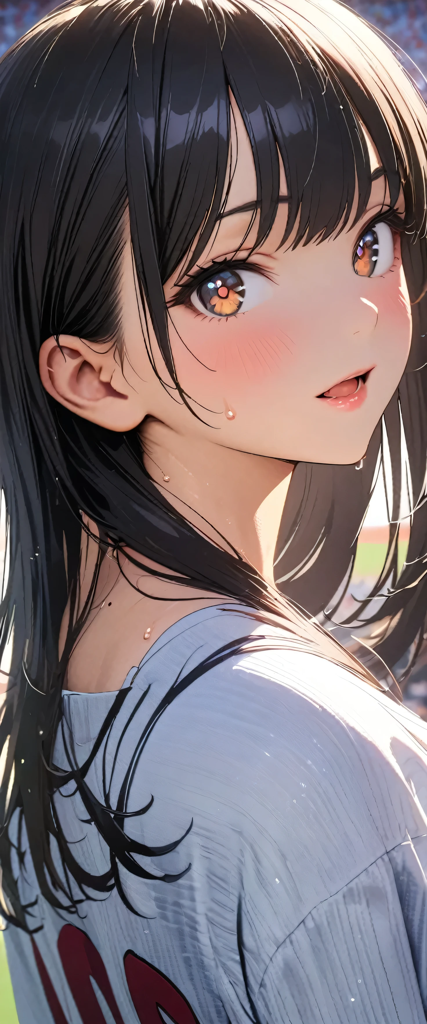 (beautiful girl: 1.3),masterpiece,Please redeem,Ultra-high resolution,Rich contrast,Very high quality,8k,Highly detailed CG unit wallpaper,Texture,So ridiculous,RAW Photos,Please redeem anime,Depth of written boundary 1.2,ultra-detailed eyes,Glowing Skin,Glitter Effect,Beautiful glossy lips,Yamada Anna,dark blue hair,brown eyes,long hair,sidelocks,mole on neck,A mother,clothes writing,Baseball Stadium,Open your mouth really wide,support,(sweat),(Rear View:1.2),(Close-up on the nape:1.5)