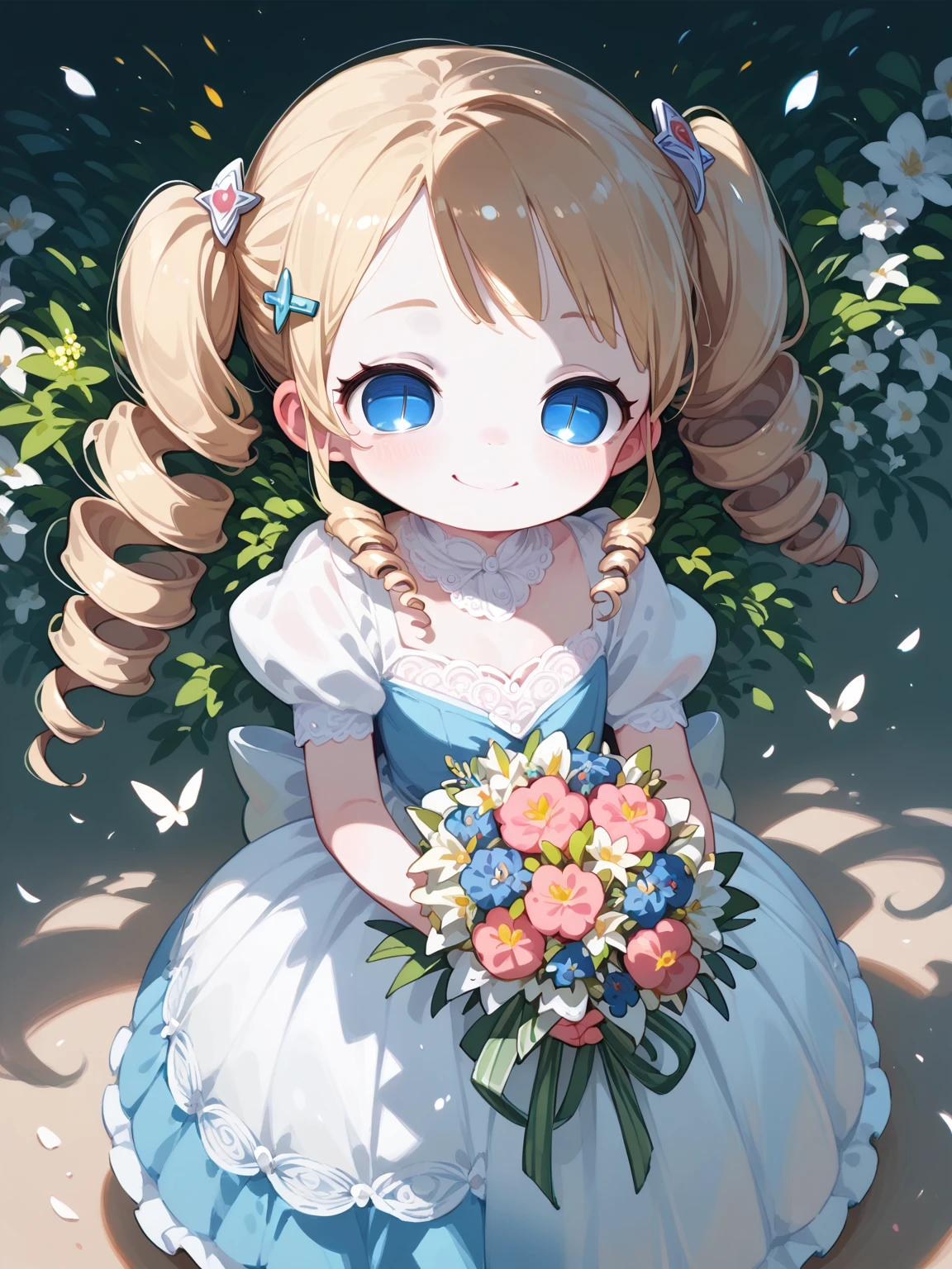 (Best quality), (1 female child:1.4), (****:1.5), Slanted Eyes, Flat Chest, White skin, Throwing a bouquet with both hands, A happy smile, dress, detail perfect piece, ultra detailed, Wedding hall, In the shade, hairpin, twin drills, blonde hair, hair one side up, wide shot, anatomically correct, 16k, 