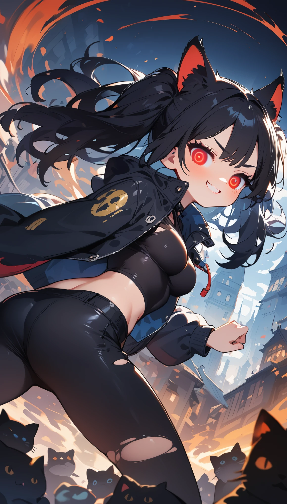 solo,1girl\(cute, kawaii,2,(evil smile:1.2),(black hair:1),(long hair),(twin tails hair),pale skin, skin color blue, red eyes, eyes shining, (big eyes),(breast:1.4),(punk fashion:1.6),(ripped clothes:1.5),(tight tube top),(tight hot pants),(stomach shown:0.8),(abs:0.5),(ripped black short jacket:1.4),(fluffy black cat-ear:1.4),(dynamic pose:1.3), (spiral eye:1.4),(bang)\), BREAK ,background\(outside, noisy city, backstreet, narrow street, neon lights, at night\), BREAK ,quality\(8k,wallpaper of extremely detailed CG unit, high resolution, top-quality, top-quality real texture skin, hyper realistic, increase the resolution, RAW photos, best quality, highly detailed, the wallpaper,golden ratio,high saturation realism, vibrant colors, dramatic lighting, persuasive storytelling, atmospheric scenery, captivating visuals, intricate details, strong emotions,dreamlike world\),(close up:1.0),dynamic angle