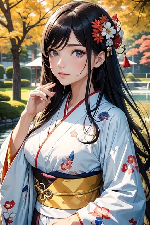 (Best Quality, High resolution, 8k), Japanese painting style, Beautiful Japanese women who look good in kimono,  Japanese clothing with calm colors and patterns, Light brown-black hair, Beautiful eyes, Beautiful lips, A beautiful, well-proportioned face with a monkey-like appearance, Facial detailing, Large Breasts, A biologically healthy body, Detailed and delicate depiction, A flashy and dynamic painting technique, Japanese style garden,  Japanese style hotel, Autumn season, The autumn leaves are beautiful, Autumn flowers are blooming, The silver grass is swaying, Cosmos flowers are blooming, Hair flies up, Vibrant colors, blue sky, White Clouds, Detailed illustration art, Original creation and drawing, 