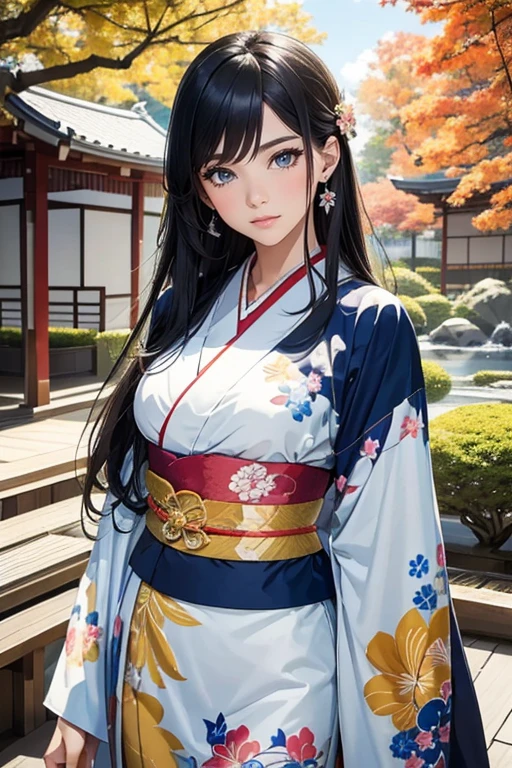 (Best Quality, High resolution, 8k), Japanese painting style, Beautiful Japanese women who look good in kimono,  Japanese clothing with calm colors and patterns, Light brown-black hair, Beautiful eyes, Beautiful lips, A beautiful, well-proportioned face with a monkey-like appearance, Facial detailing, Large Breasts, A biologically healthy body, Detailed and delicate depiction, A flashy and dynamic painting technique, Japanese style garden,  Japanese style hotel, Autumn season, The autumn leaves are beautiful, Autumn flowers are blooming, The silver grass is swaying, Cosmos flowers are blooming, Hair flies up, Vibrant colors, blue sky, White Clouds, Detailed illustration art, Original creation and drawing, 