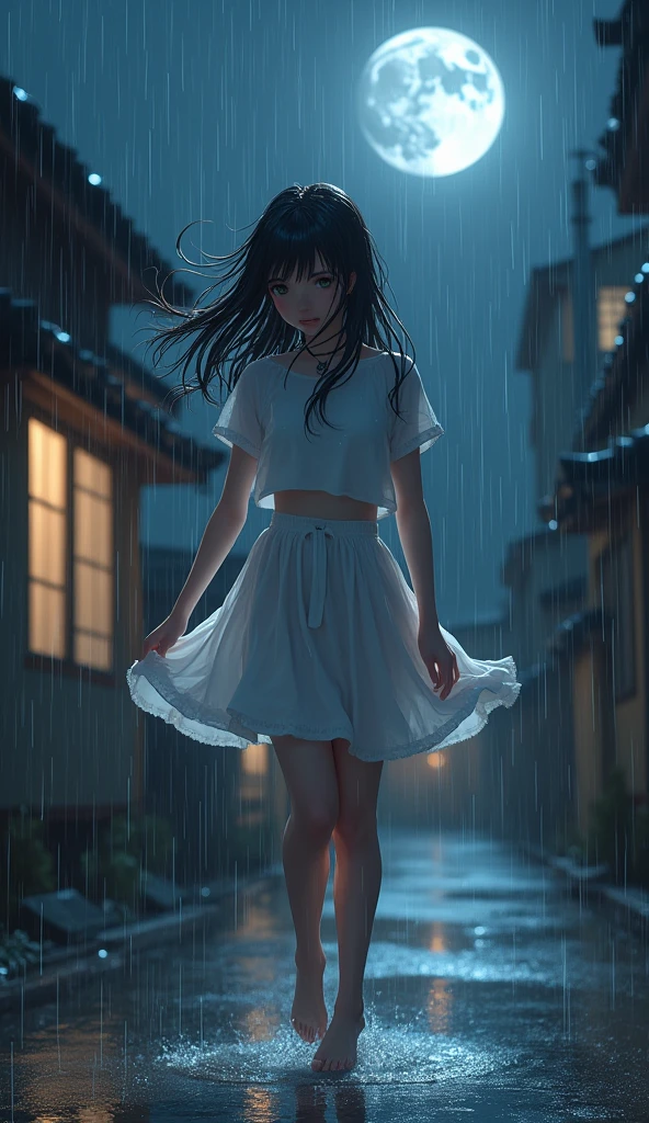 (masterpiece,top quality,high quality)), ((8K wallpaper unified with high definition CG)), (huge stunning goddess shot, so hot and sexy, jaw dropping beauty, perfect proportions, beautiful body, slim body beauty:1.3), (dancing in the rain:1.5)), Woman in white dress dancing in the rain, dancing in the rain, sloshing rain, soaking wet, soaking wet body, carnal desire, wet in the rain, wet dress, backlighting, rain, wet hair shaking, splashing rain, night, rain, portrait of dancer, facing away, looking across, Rough pose, one hand Pinching the edge of her skirt, one leg raised high, dynamic composition, view from behind, full body shot,