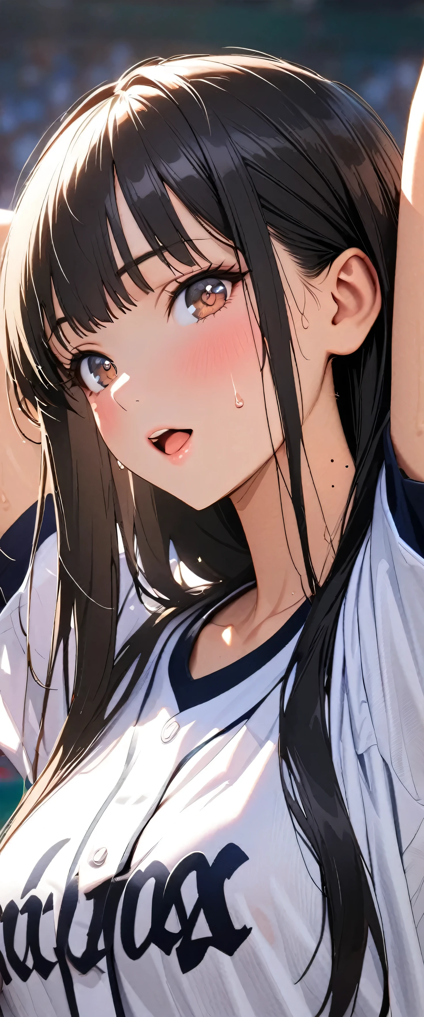 (beautiful girl: 1.3),masterpiece,Please redeem,Ultra-high resolution,rich contrast,Very high quality,8k,Highly detailed CG unit wallpaper,Texture,So ridiculous,RAW Photos,Please redeem anime,Depth of written boundary 1.2,ultra-detailed eyes,Glowing Skin,Glitter Effect,Beautiful glossy lips,Yamada Anna,dark blue hair,brown eyes,long hair,sidelocks,mole on neck,A mother,clothes writing,Baseball Stadium,Open your mouth really wide,support,arms up,(sweat),(The place where she is cheering is shown on the large monitor of Baseball Stadium),(Rear View:1.2),(Close up on neck)