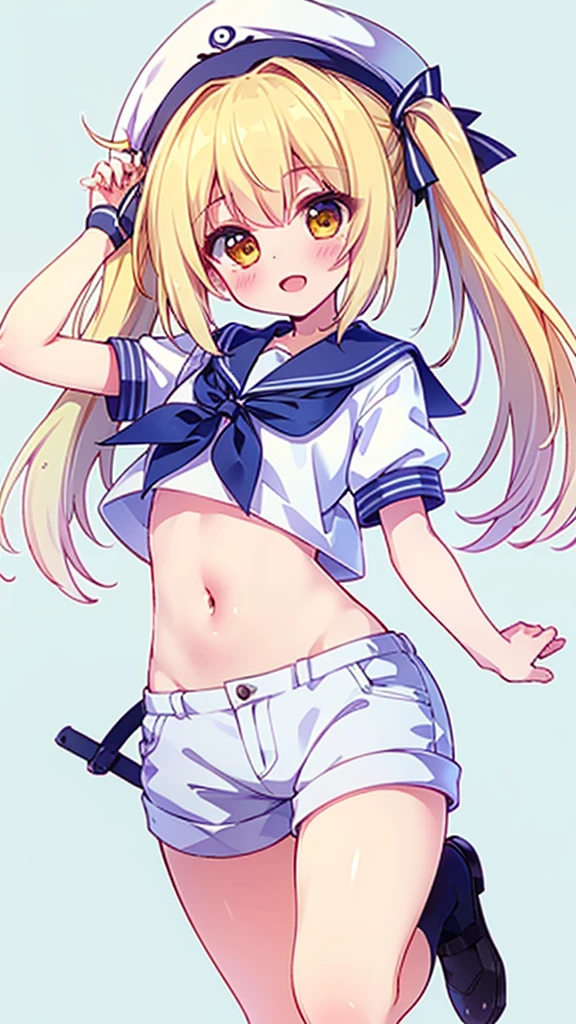 Twin-tailed golden-haired girl in sailor suit, Visible navel, Wear a hat and pants.a drawing of an anime character, clean line drawings, ultra cute girl, ultra cute face, ultra detailed eyes, ultra detailed hair, ultra cute, ultra beautiful, ((high end)), (UHD picture), (best quality,4k,8k,highres,masterpiece:1.2), top-quality(​masterpiece), top-quality, ultra-detailed, highly detailed texture, intricate details, high quality textures, masterpiece, best quality, perfect quality, perfect anatomy, perfect body, perfect symmetrical face, perfect hands, perfect feet, (two arms:1.2), (two legs:1.2), (five fingers each:1.2), (perfect joint:1.2), perfect joint movement, precise fingers and hands, 1 beautiful girl, 1 girl, alone, solo, , , ((())), ((childish)), (Best Quality, hight resolution), extremely detailed and lifelike, Vibrant colors, simple background, white socks, blonde hair, hat, blue sailor collar, twintails, sailor collar, sailor hat, yellow eyes, marine costume, short sleeves, shirt, blue neckerchief, white headwear, sailor, white shirt, white shorts, neckerchief, smile, Chiyuri