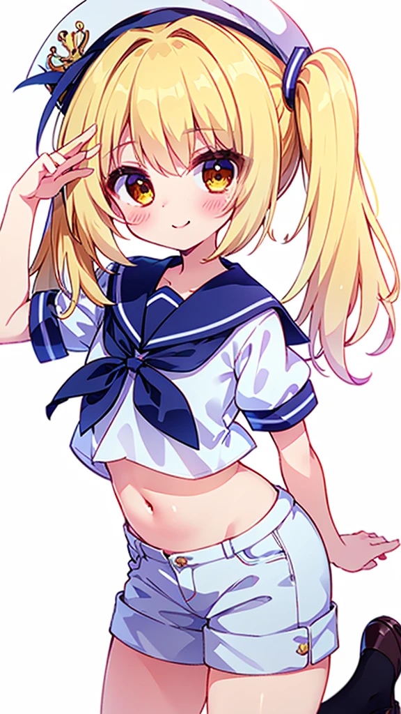 Twin-tailed golden-haired girl in sailor suit, Visible navel, Wear a hat and pants.a drawing of an anime character, clean line drawings, ultra cute girl, ultra cute face, ultra detailed eyes, ultra detailed hair, ultra cute, ultra beautiful, ((high end)), (UHD picture), (best quality,4k,8k,highres,masterpiece:1.2), top-quality(​masterpiece), top-quality, ultra-detailed, highly detailed texture, intricate details, high quality textures, masterpiece, best quality, perfect quality, perfect anatomy, perfect body, perfect symmetrical face, perfect hands, perfect feet, (two arms:1.2), (two legs:1.2), (five fingers each:1.2), (perfect joint:1.2), perfect joint movement, precise fingers and hands, 1 beautiful girl, 1 girl, alone, solo, , , ((())), ((childish)), (Best Quality, hight resolution), extremely detailed and lifelike, Vibrant colors, simple background, white socks, blonde hair, hat, blue sailor collar, twintails, sailor collar, sailor hat, yellow eyes, marine costume, short sleeves, shirt, blue neckerchief, white headwear, sailor, white shirt, white shorts, neckerchief, smile, Chiyuri