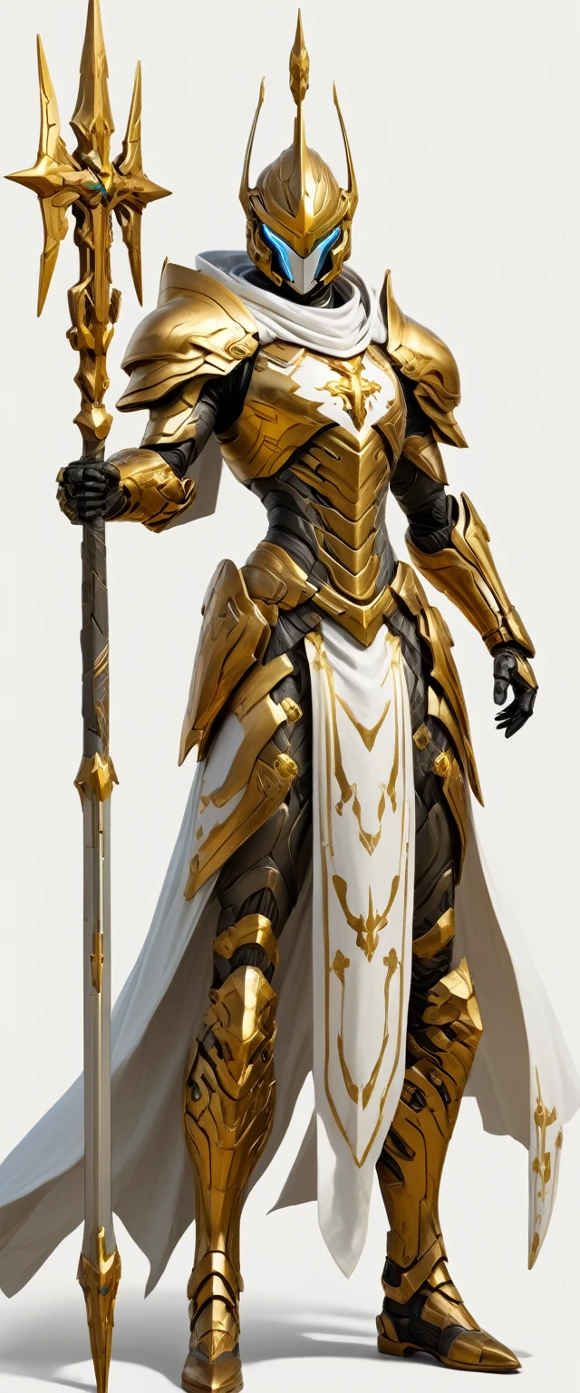 Masterpieces, female, Holy White Knight, Action style shot, (Battle Priest in a warframe and halo style armor with a staff with a cross), (Silver, Gold and White color scheme), (white hood and cape), (action shot: holding staff), white and gold tabard (solid color background), centered, full body shot fighting, sci-fi knight, Halo master chief, vibrant colors, visible figure joints, cinematic shot, volumetric lighting, intricate pattern detail, highly detailed