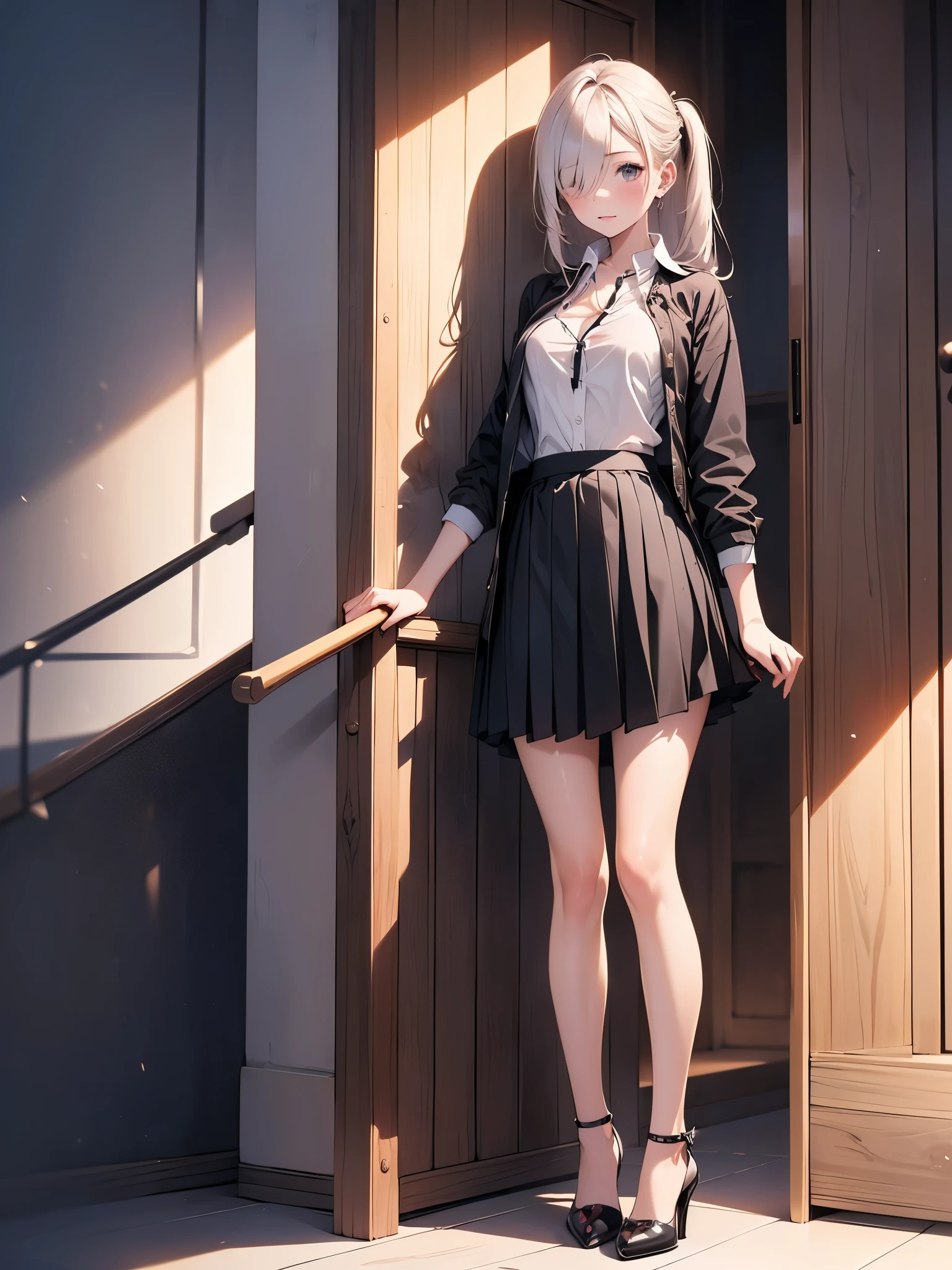 (Perspective Drawing), (Highest Quality), Glamorous, Rich Detail, Reality, 1girl, Girly, Cute, ((Silver White Hair)), Two-dimensional, Long ponytail, Light Red Eyes, Red Hairpin, Sleeveless, Off-the-Shoulder, White Shirt, ((Crop Button)), Pleated Skirt, (Miniskirt), , Fidgeting, Legs Clamped, Hands Pressed Down, Gaze Dodge, ((Skirt Floating)), ((Panties)), (White Stockings), (Anxious), Blushing, (Looking Up at the Camera)