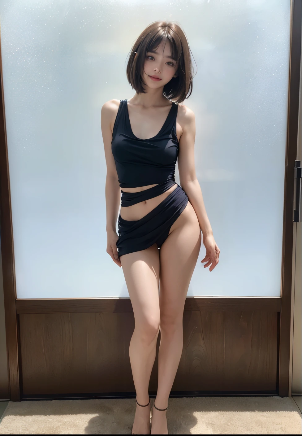 (Complete nakedness),((fullnude)),((Wareme:1.3)),R18,Top image quality,Standing Picture,a beauty girl,loli face,(round face:1.2),full body,loli body,flat breasts,flat busts,glares,Beautiful body,(loli pussy:1.5),boyish,shame,Show off,bullish,red blush,(12yo:1.3),(kawashimaumika:1.3),sweat,wet body,caught,happening,(inner thigh:1.5),