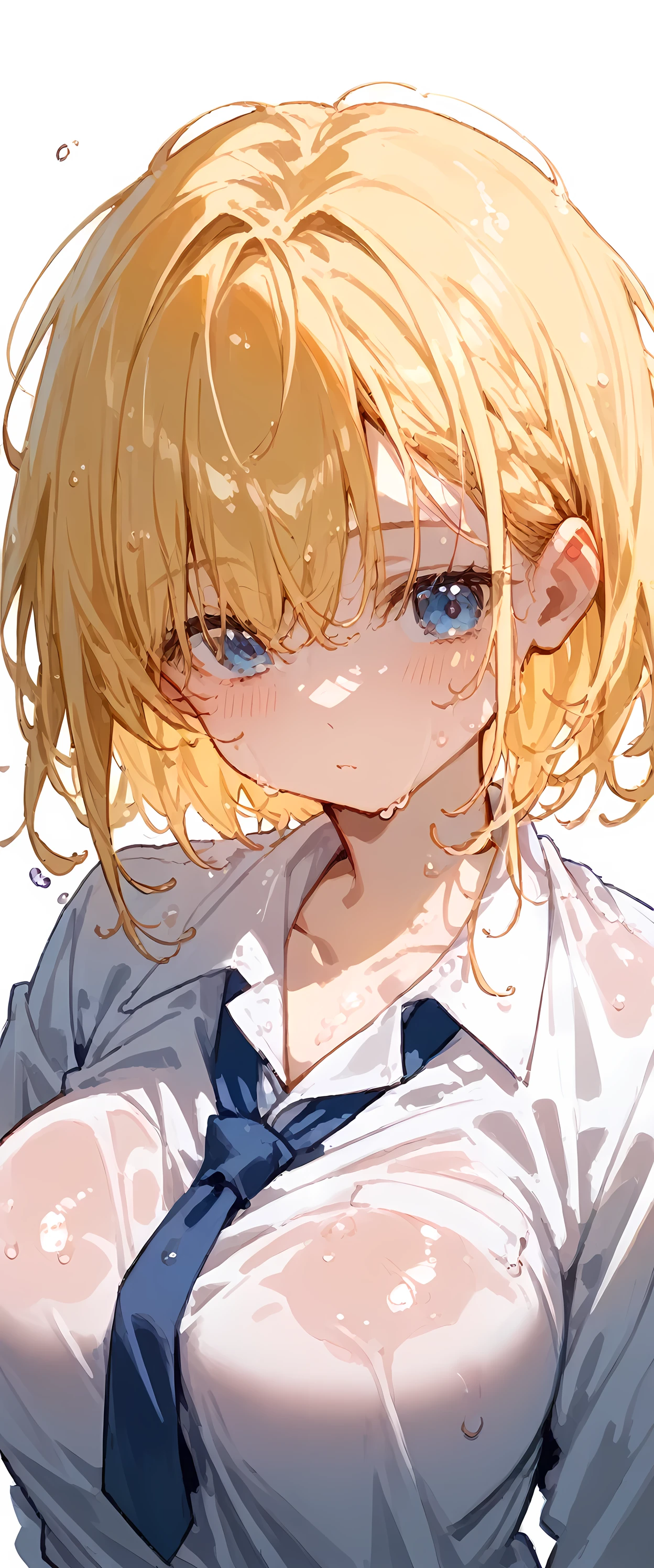 (((White background)))(A high-resolution masterpiece, 超High resolution, high detail, High resolutionモデル, Best Quality:1.2), Young Girl,White skin,Oily, Sweaty skin, Blonde bangs, Highlight color hairstyle,Inner Color, Behind the ear,Large Breasts, blue eyes, Wet Hair, Diagonal bangs, Hair covering the eyes:1.3, Cookhold Subjective(masterpiece:1.5), Super detailed, High resolution, 8k, Beautiful details, 1 cute girl, Young girl with short blonde bob, Blue droopy eyes, short hair, Large Breasts,Magic school uniform,I&#39;m embarrassed and I&#39;m getting my head pat.