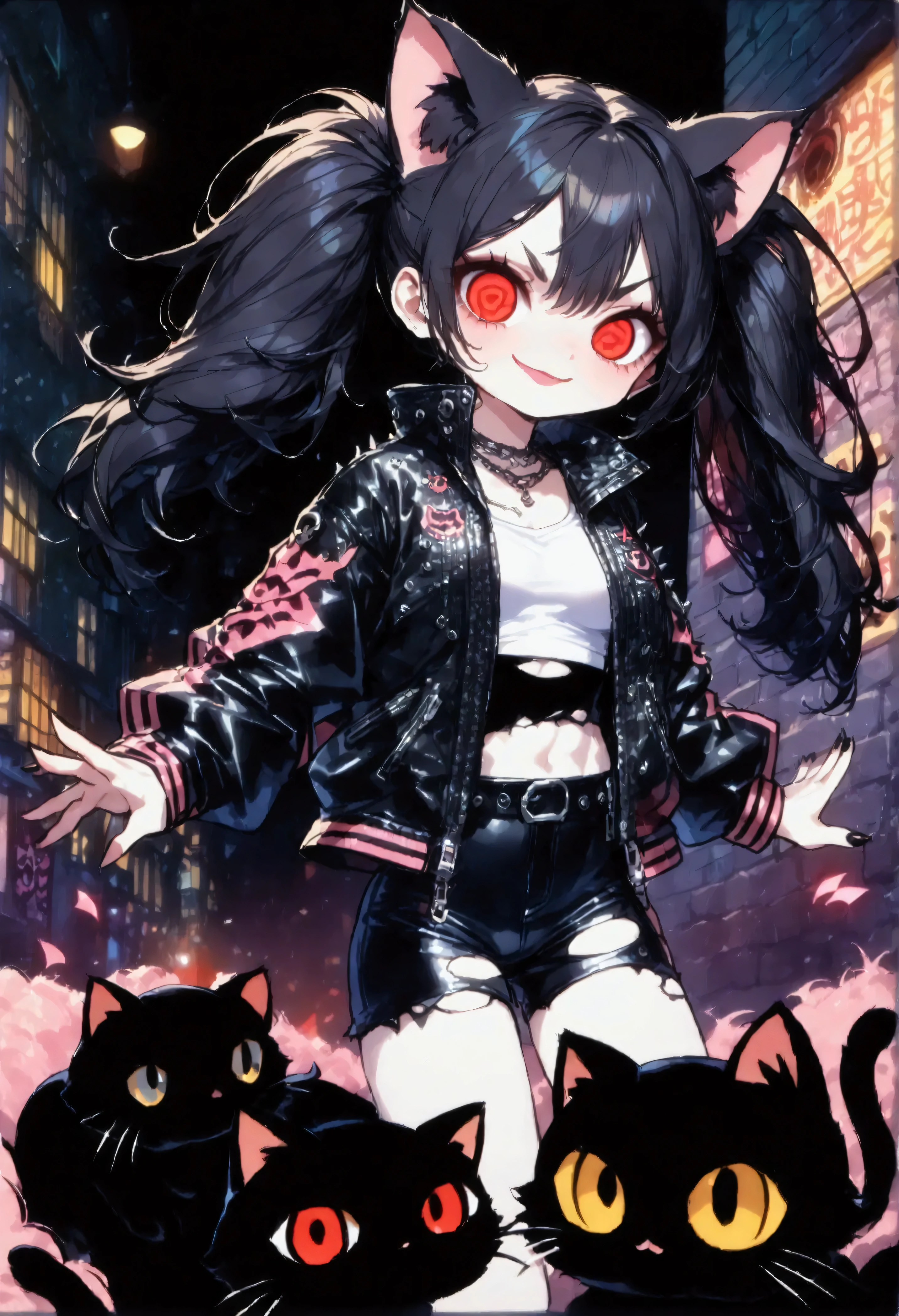 solo,1girl\(cute, kawaii, ,(evil smile:1.2),(black hair:1),(long hair),(twin tails hair),pale skin, skin color blue, red eyes, eyes shining, (big eyes),(breast:1.4),(punk fashion:1.6),(ripped clothes:1.5),(tight tube top),(tight hot pants),(stomach shown:0.8),(abs:0.8),(ripped black short jacket:1.4),(fluffy black cat-ear:1.4),(dynamic pose:1.3), (spiral eye:1.4)\)),(bang:1.2)\), BREAK ,background\(outside, noisy city, backstreet, narrow street, neon lights, at night\), BREAK ,quality\(8k,wallpaper of extremely detailed CG unit, high resolution, top-quality, top-quality real texture skin, hyper realistic, increase the resolution, RAW photos, best quality, highly detailed, the wallpaper,golden ratio,high saturation realism, vibrant colors, dramatic lighting, persuasive storytelling, atmospheric scenery, captivating visuals, intricate details, strong emotions,dreamlike world\),(close up:1.0),(dynamic angle:1.2)