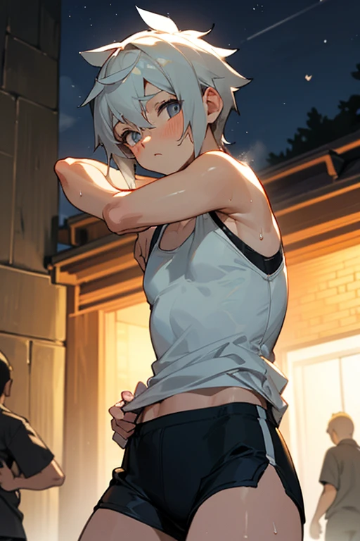 grey hair, orange eyes, a human boy, wearing a tank top and shorts, strange red gases, panic face