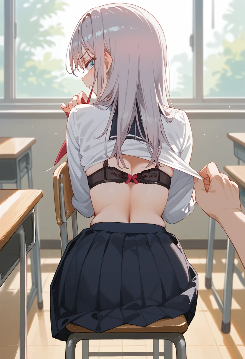 alisa mikhailovna kujou, sitting stool,classroom, 1girl,school outfit,pulling up upper clothes pov hand,covered bra,skirt,from behind