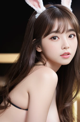 1 Japanese woman,long wavy hair:1.3, light brown hair, diagonal bangs, black eyes, pale skin, thick lips, pretty face:1.2, cute face:1.3, baby face:1.6, Round face:1.4, Droopy eyes:1.4, dwarf 1.45meters, glamorous 40kg, large breast:1.1,8K, 32K, absurdres, high resolution, ultra detailed, Realistic, Photorealistic, Anatomically correct, bloom, spotlight, (full shot:1.3),reverse bunnysuit