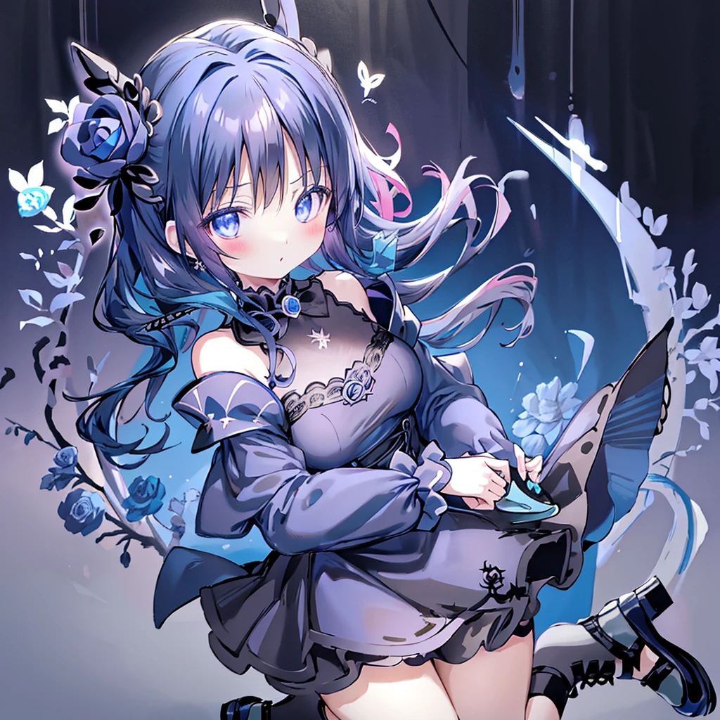 Attractive face、Chibi、Perfect Anatomy、royal blue background、Black clothes、Long sleeves with flared cuffs、Shoulders are exposed、One piece flare skirt、Rabbit with stuffed toy、 black and royal blue palette、Gothic Shoes、Positive、Black Rose、🌙、Perfect Anatomy、heart、🌸🌸、Floral ornaments、neon color outline 、