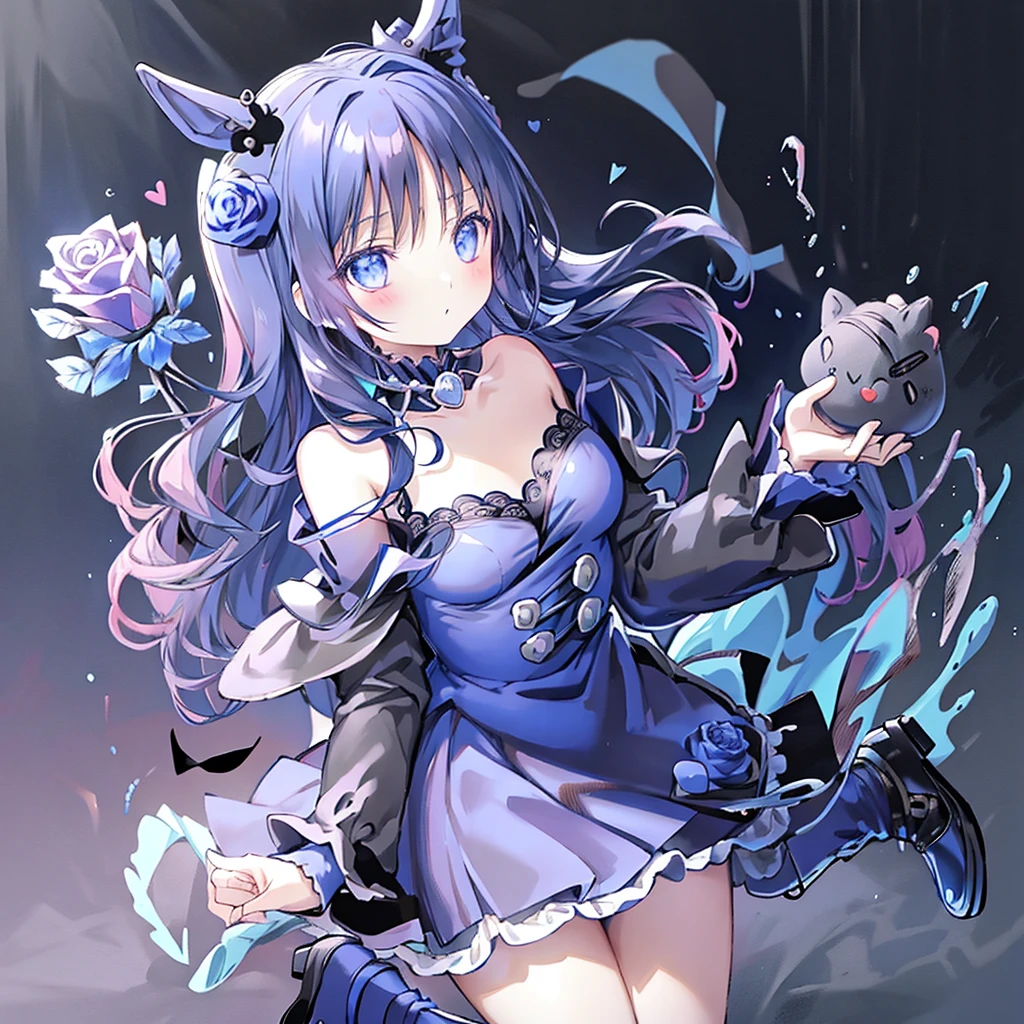 Attractive face、Chibi、Perfect Anatomy、royal blue background、Black clothes、Long sleeves with flared cuffs、Shoulders are exposed、One piece flare skirt、Rabbit with stuffed toy、 black and royal blue palette、Gothic Shoes、Positive、Black Rose、🌙、Perfect Anatomy、heart、🌸🌸、Floral ornaments、neon color outline 、