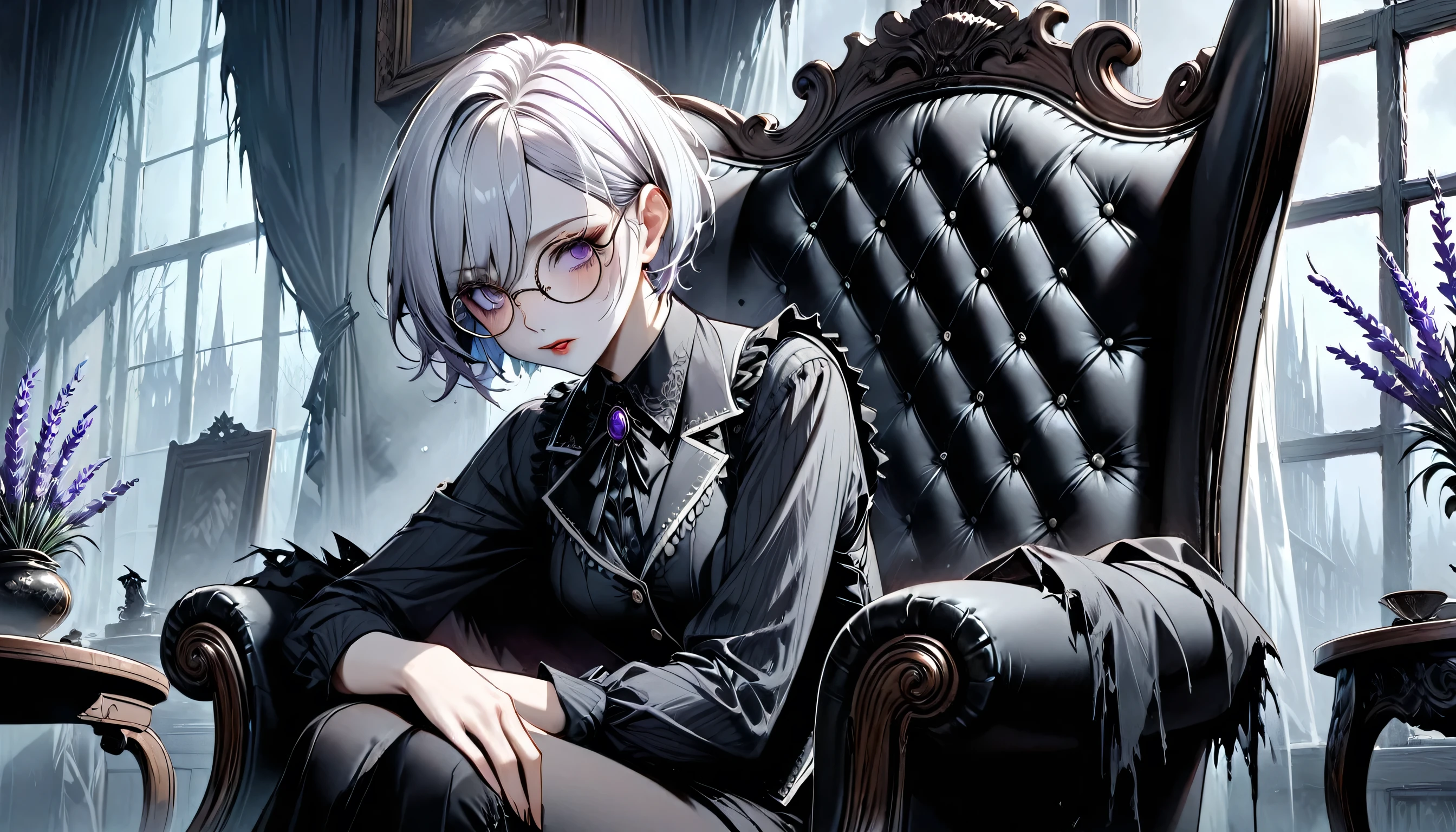 (ultra details, Masterpiece, best quality), ((masterpiece, best quality)), (illustration), ((Extremely exquisite and beautiful)), score_9, score_8_up, score_7_up, uncensored femboy, short hair, white hair, pale skin, lavander eyes, sly expression, round glasses, vintage clothes (ultra details, Masterpiece, best quality), black shirt, purple vintage vest, tight black pants, sitting in armchair near a round table, vintage room, Bloodborne, gloomy, gothic horror, Dark Novel, Dark Art Painting Style